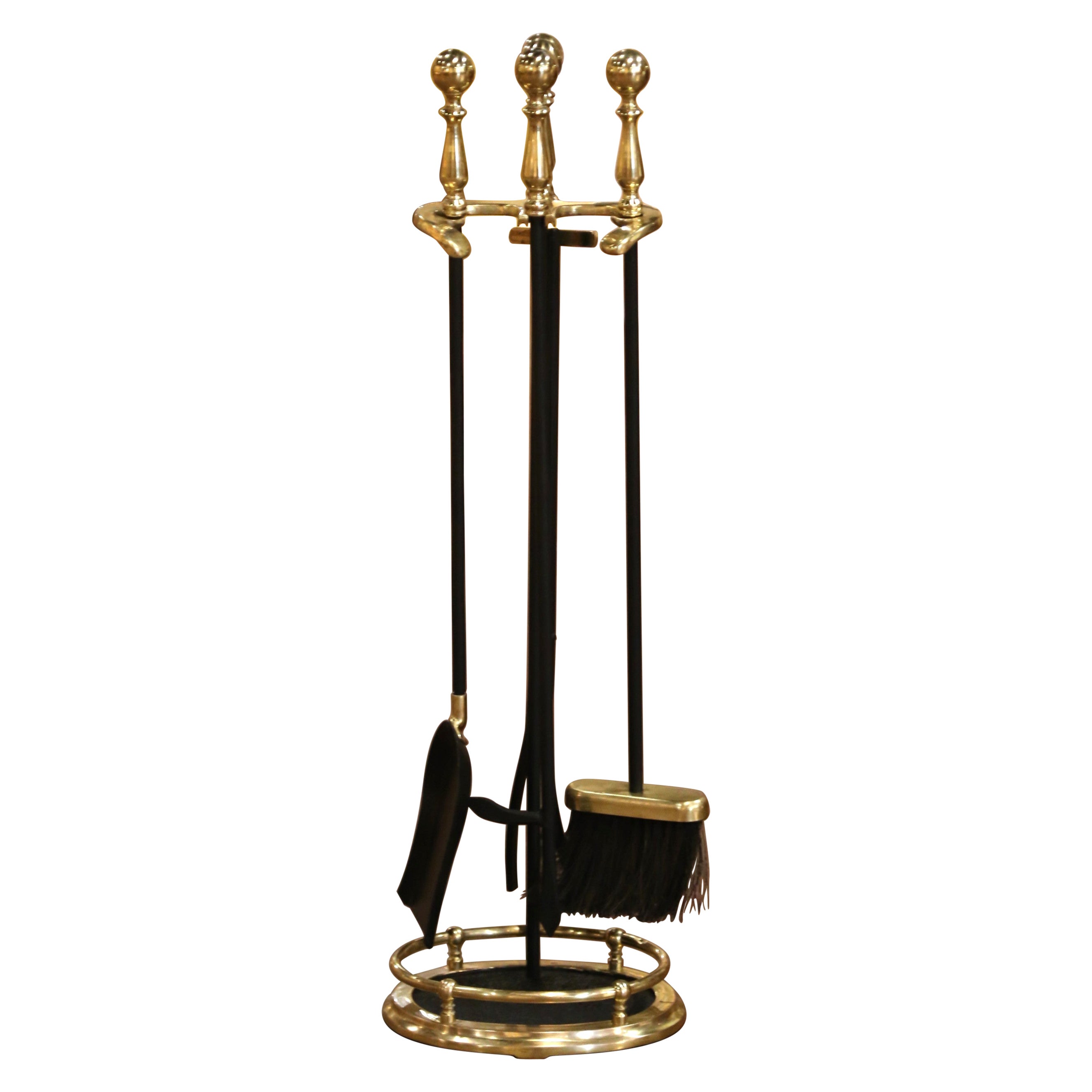 Mid-Century French Louis XVI Style Brass and Iron Fireplace Tool Set