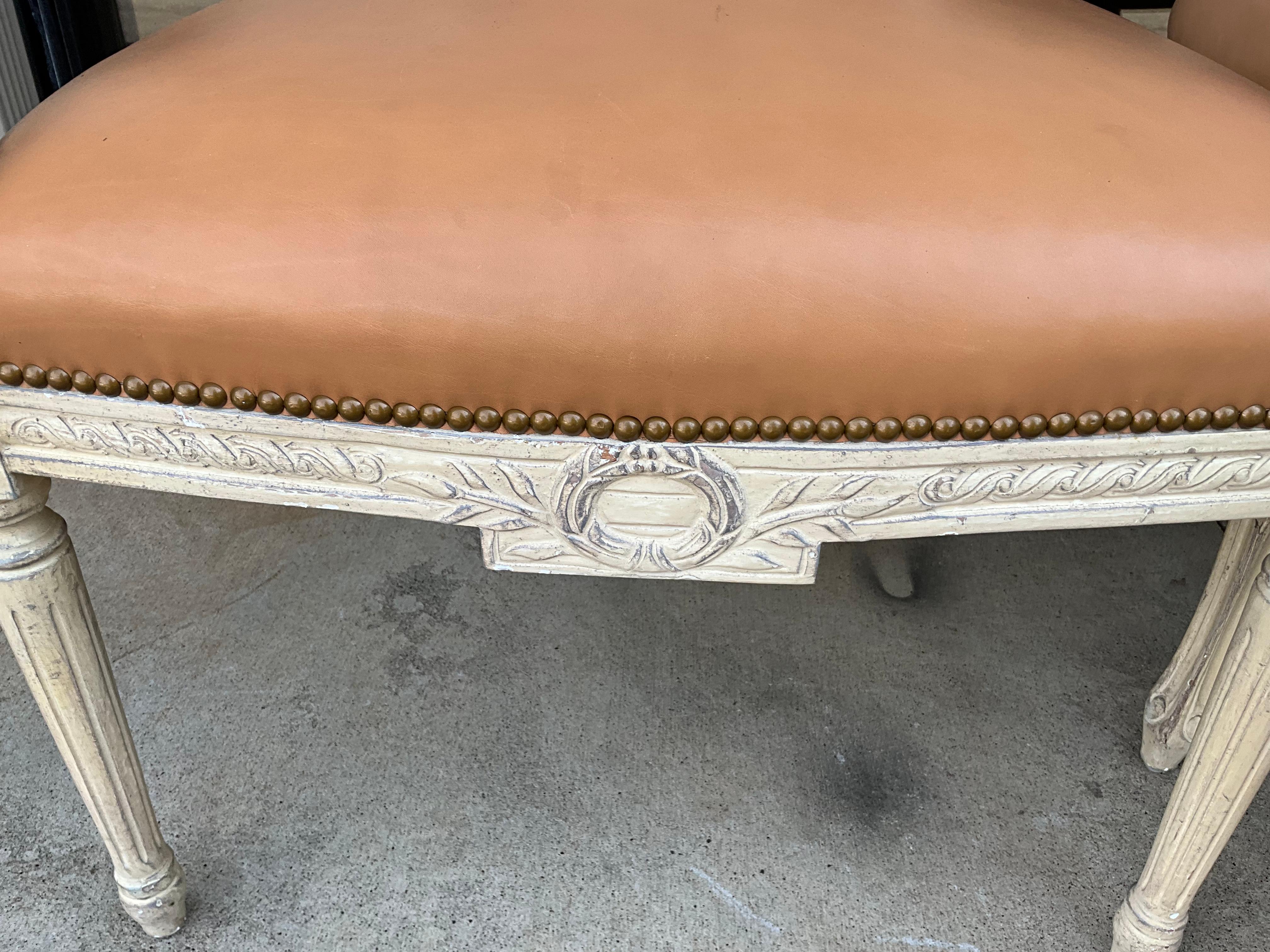 Mid-Century French Louis XVI Style Carved Wood And Leather Dining Chairs - S/8 In Good Condition In Kennesaw, GA