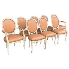 Mid-Century French Louis XVI Style Carved Wood And Leather Dining Chairs - S/8