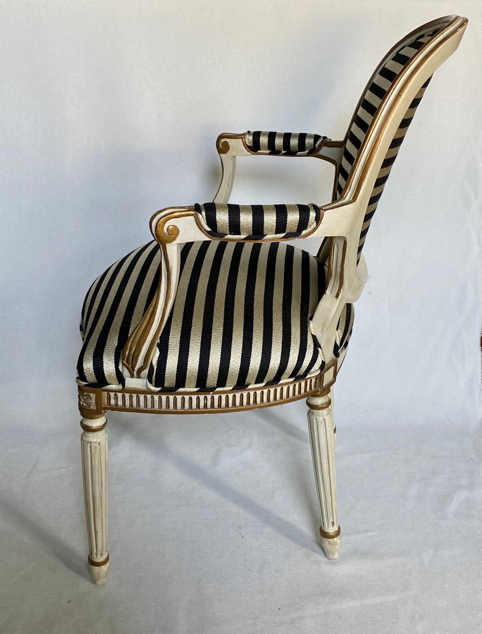 Midcentury French Louis XVI Style Gilt Painted Striped Armchair In Good Condition For Sale In Lambertville, NJ