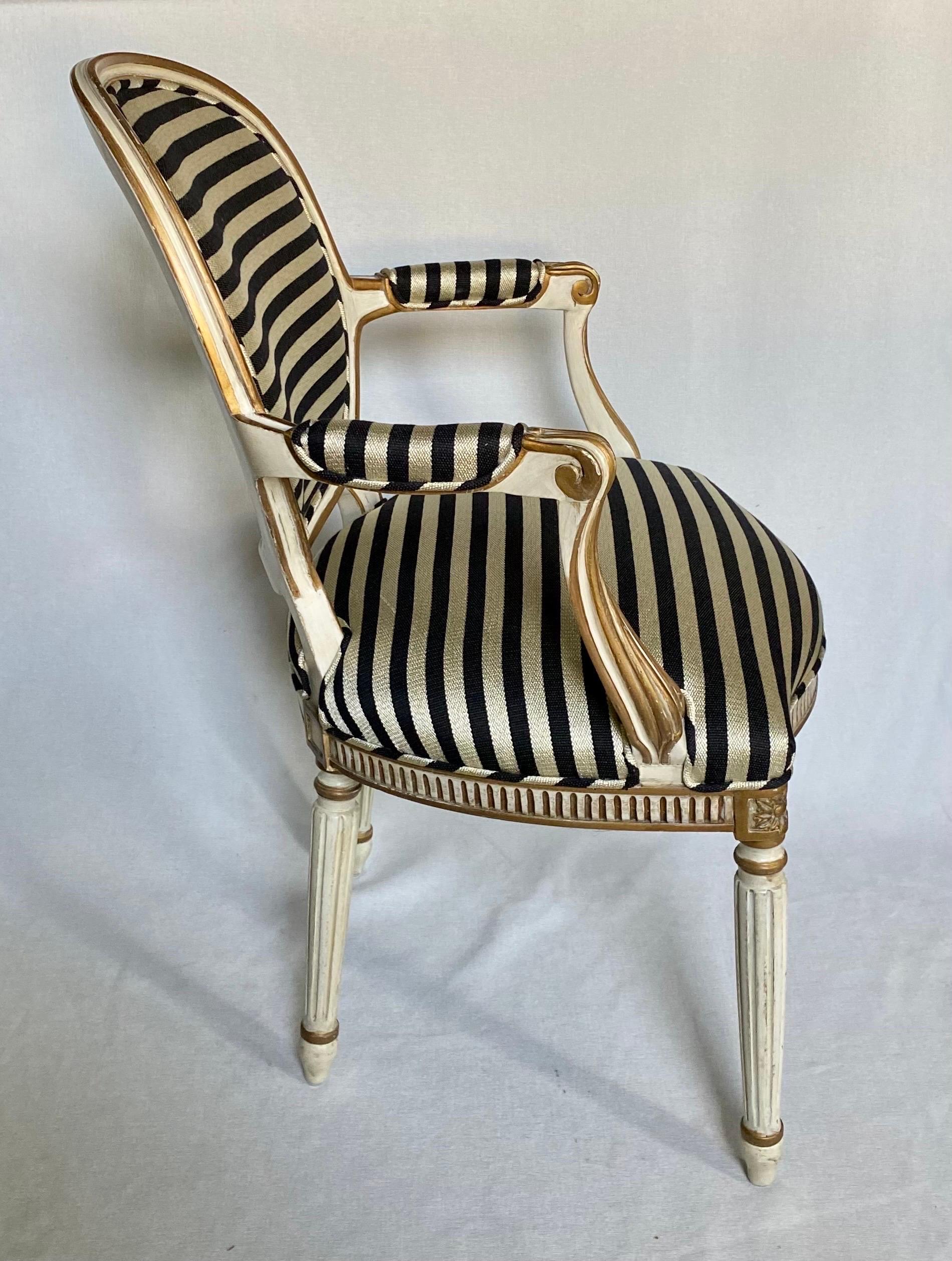 20th Century Midcentury French Louis XVI Style Gilt Painted Striped Armchair For Sale