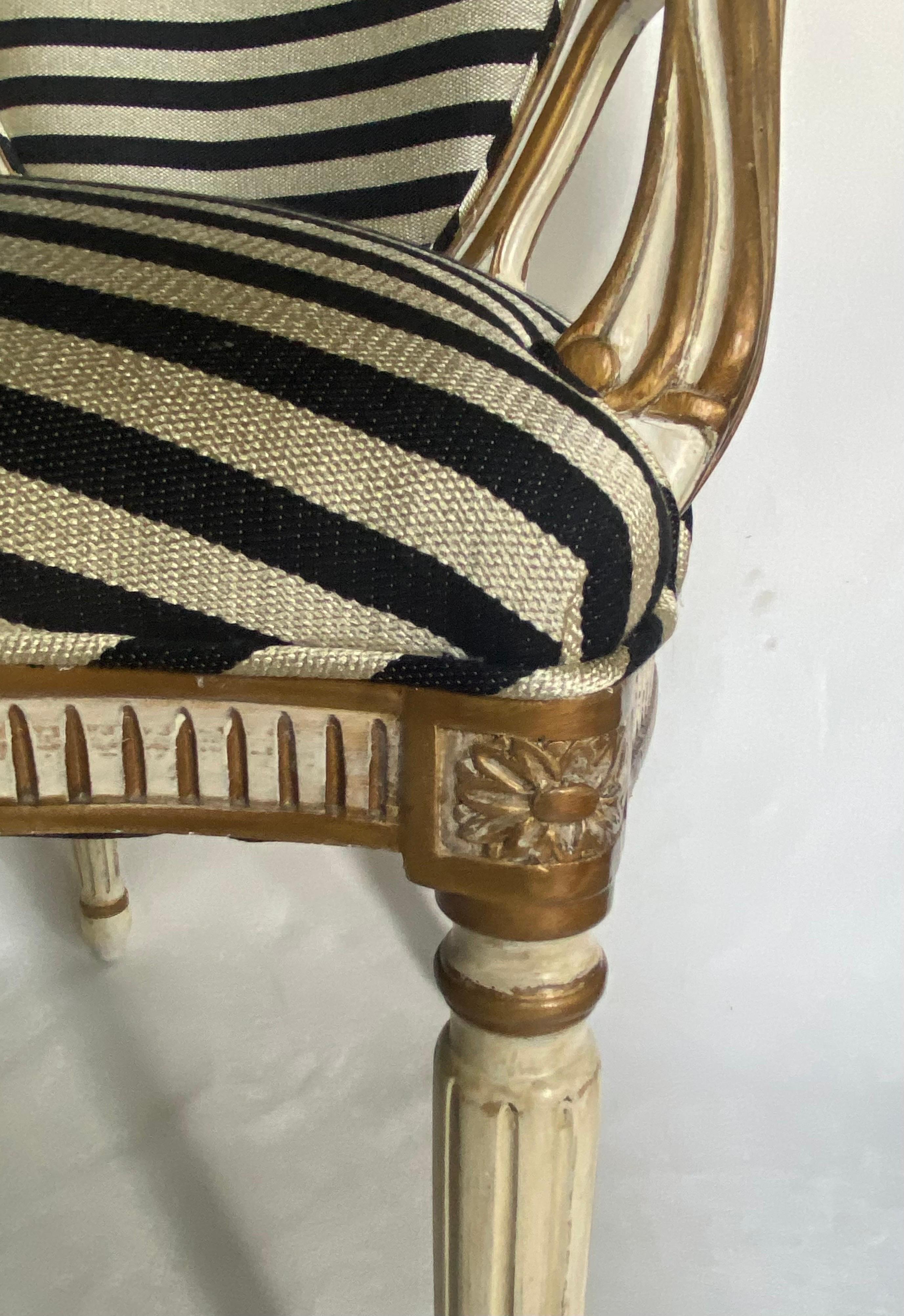 Upholstery Midcentury French Louis XVI Style Gilt Painted Striped Armchair For Sale