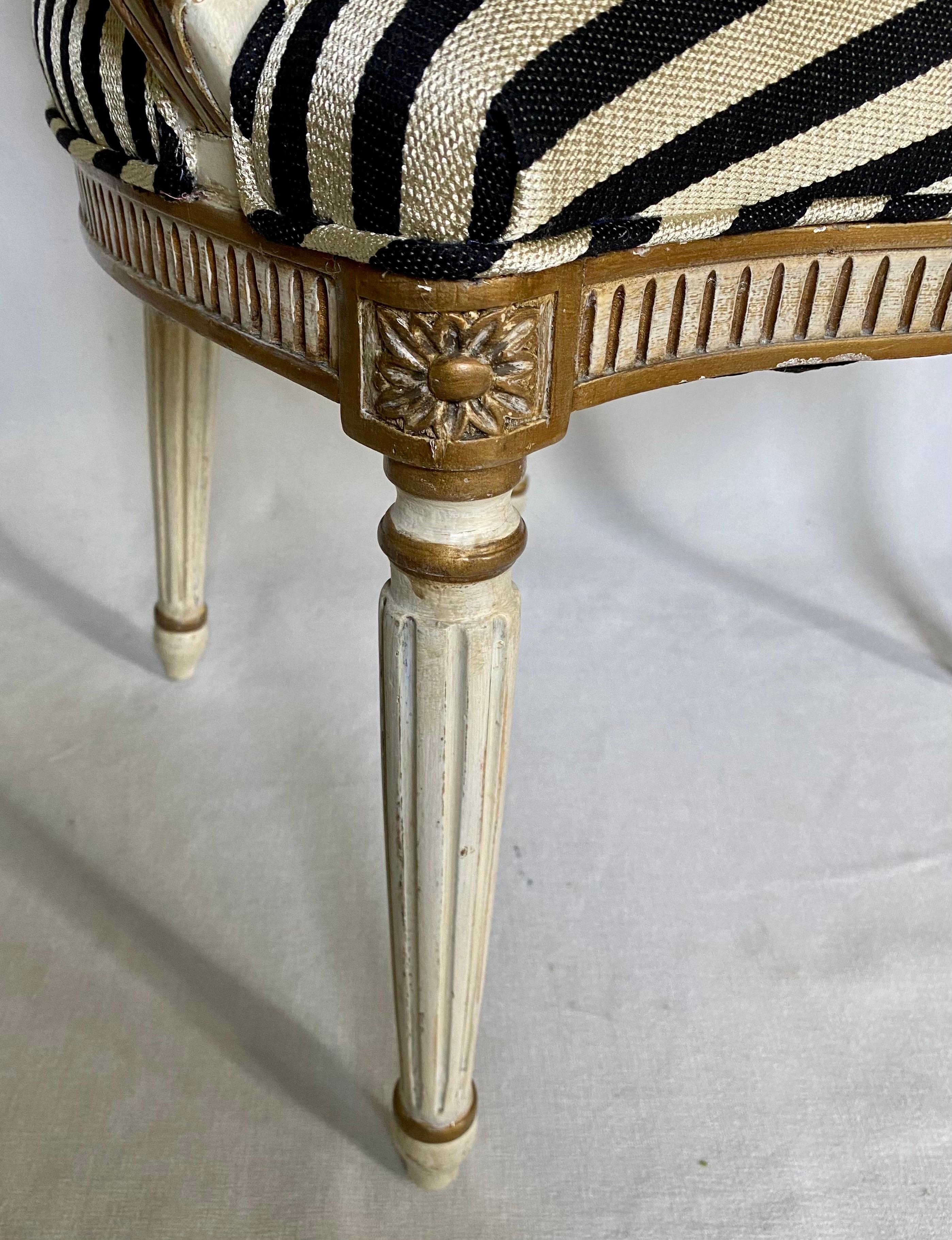 Midcentury French Louis XVI Style Gilt Painted Striped Armchair For Sale 1