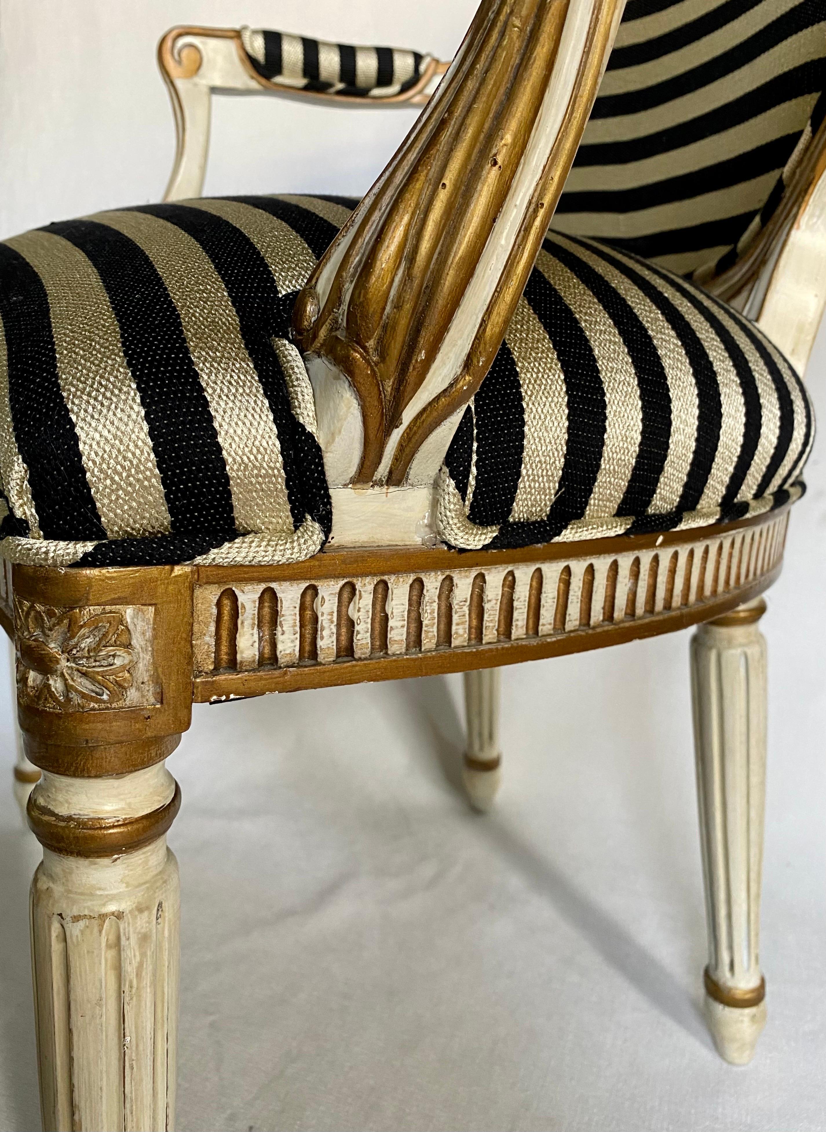 Midcentury French Louis XVI Style Gilt Painted Striped Armchair For Sale 2