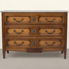 Mid-Century French Louis XVI Style Marble Top Carved Walnut Commode / Chest