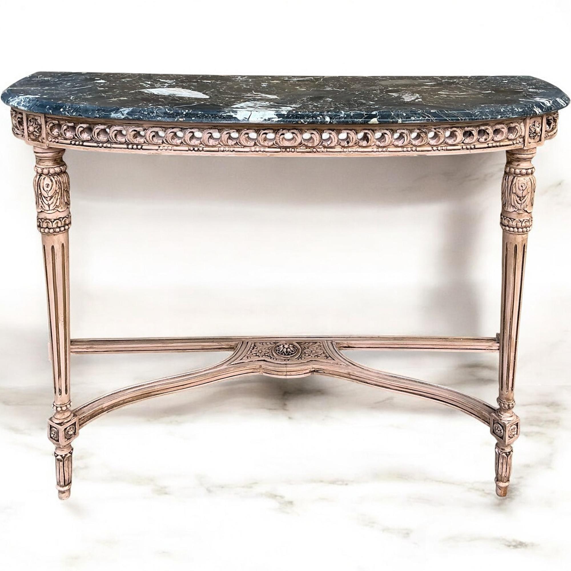 20th Century Mid-Century French Louis XVI Style Marble Top Painted Console Table For Sale