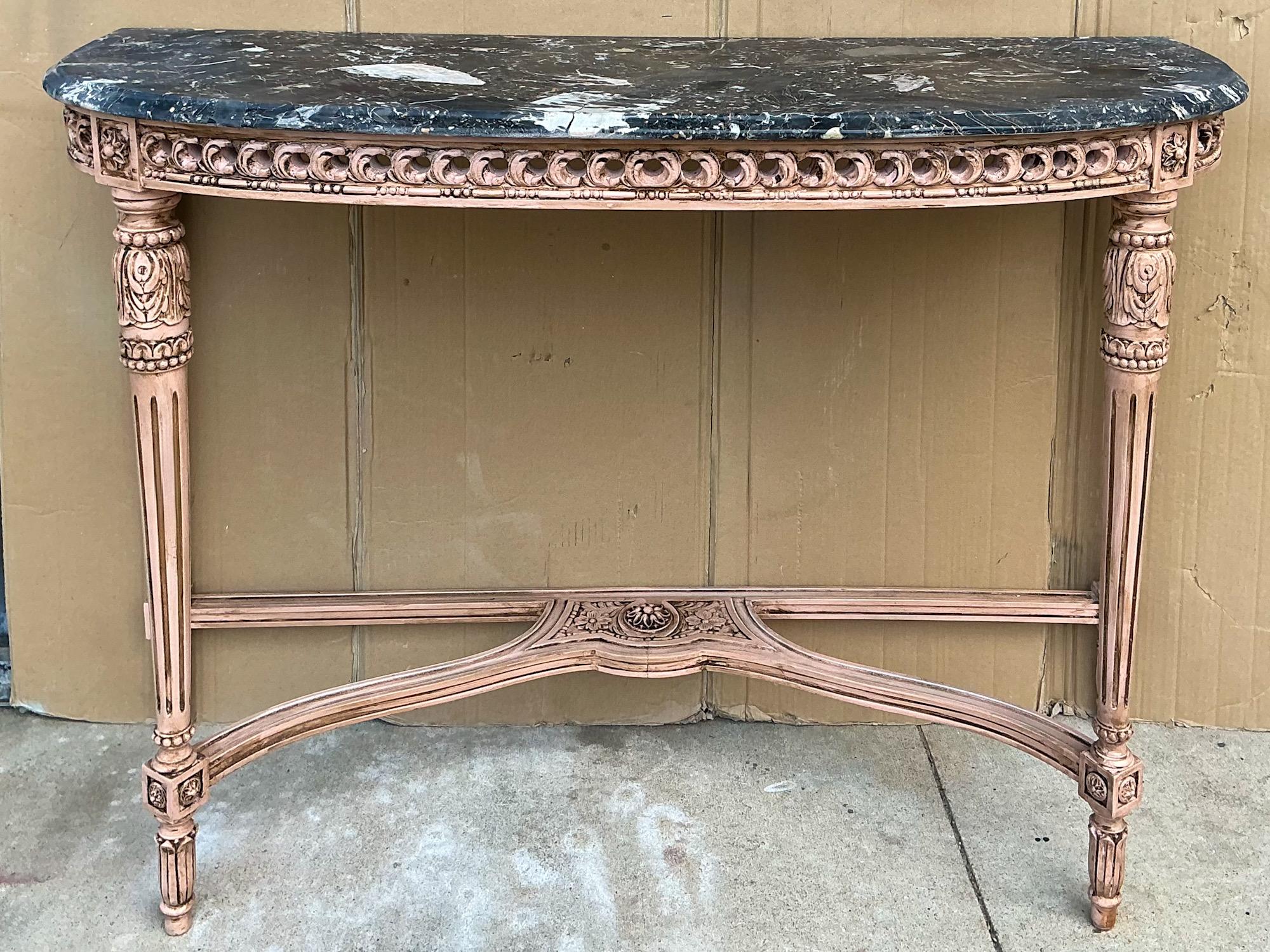 Mid-Century French Louis XVI Style Marble Top Painted Console Table For Sale 1