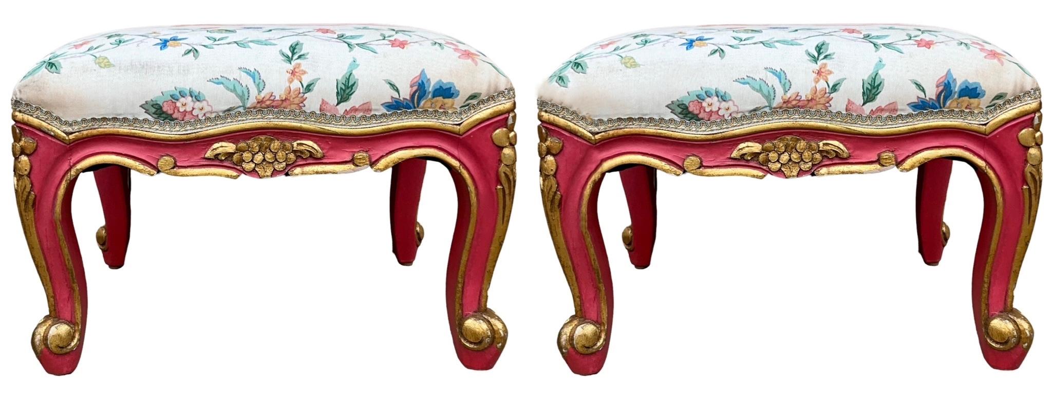 Italian Mid-Century French Louis XVI Style Pink And Gilt Venetian Ottomans / Stools - 2 For Sale