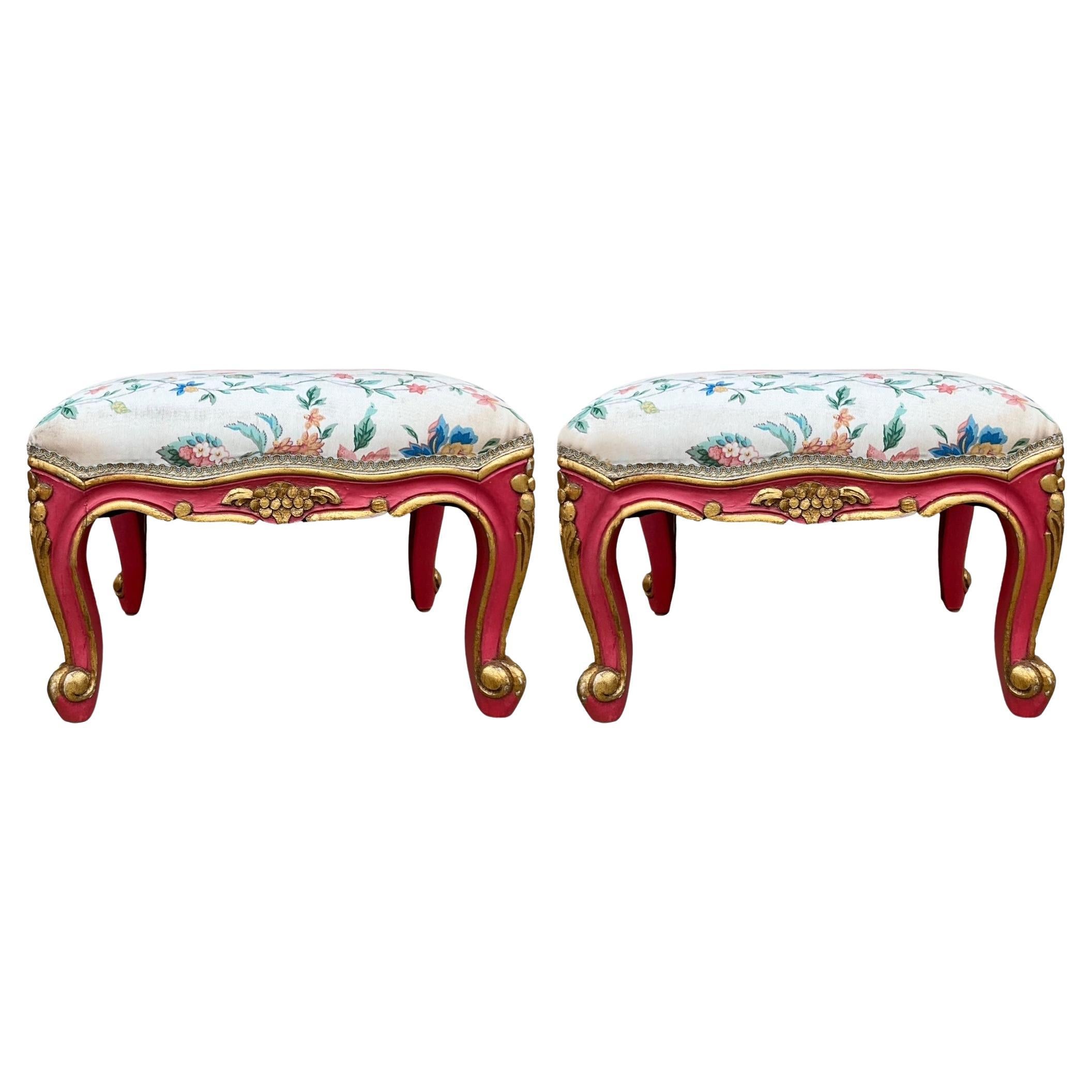 Mid-Century French Louis XVI Style Pink And Gilt Venetian Ottomans / Stools - 2 For Sale