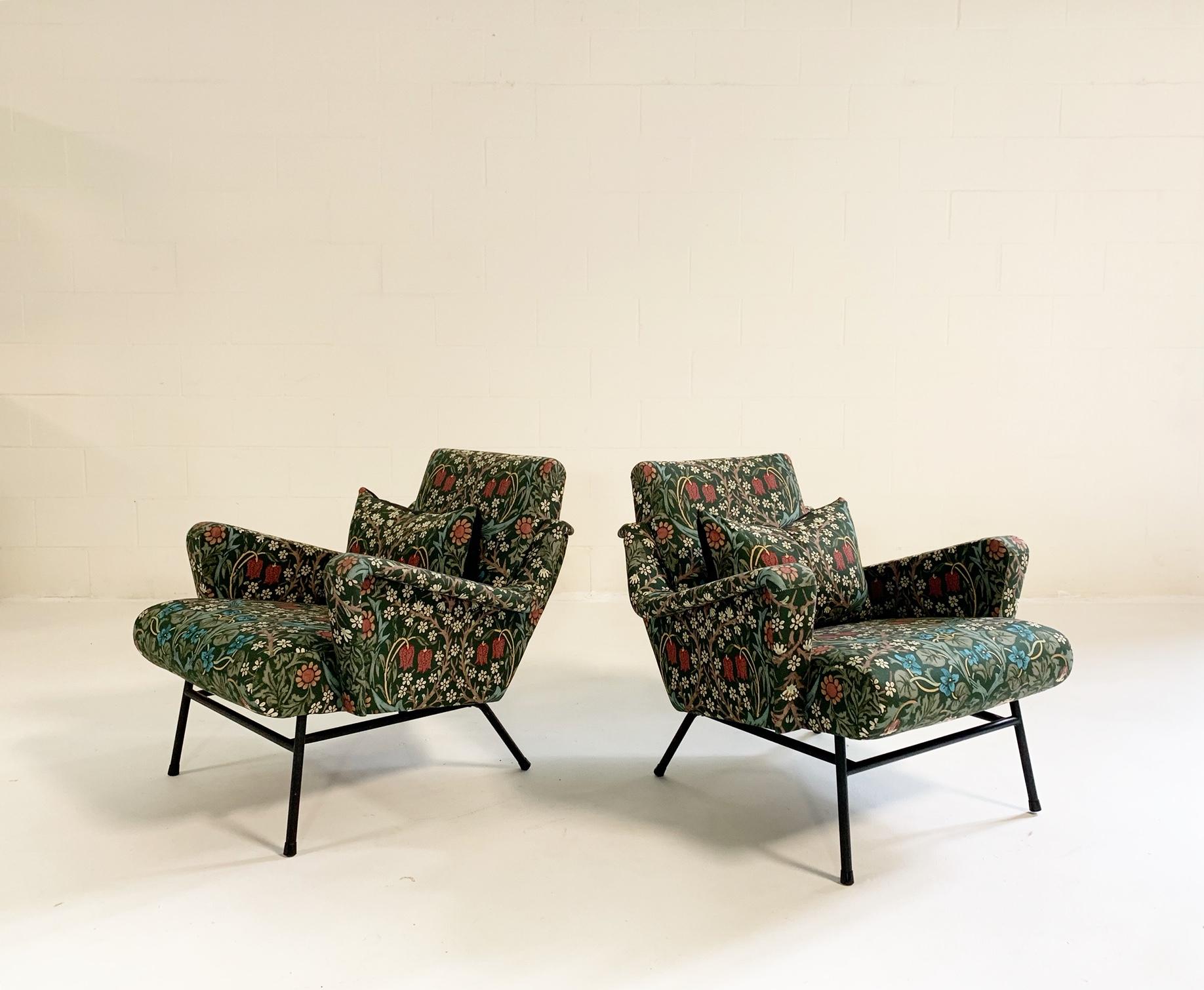 Midcentury French Lounge Chairs in William Morris Blackthorn, Pair 3