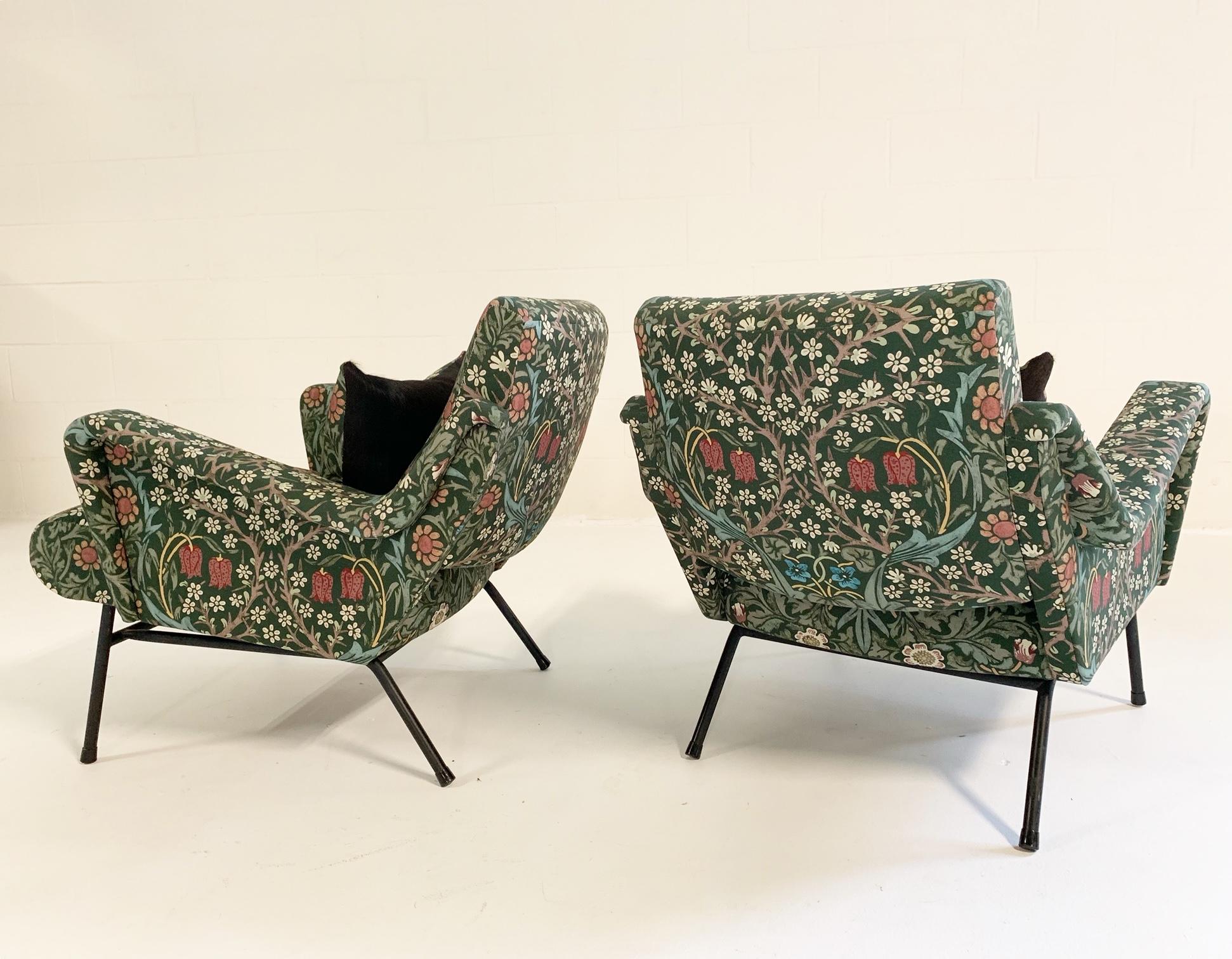 Steel Midcentury French Lounge Chairs in William Morris Blackthorn, Pair