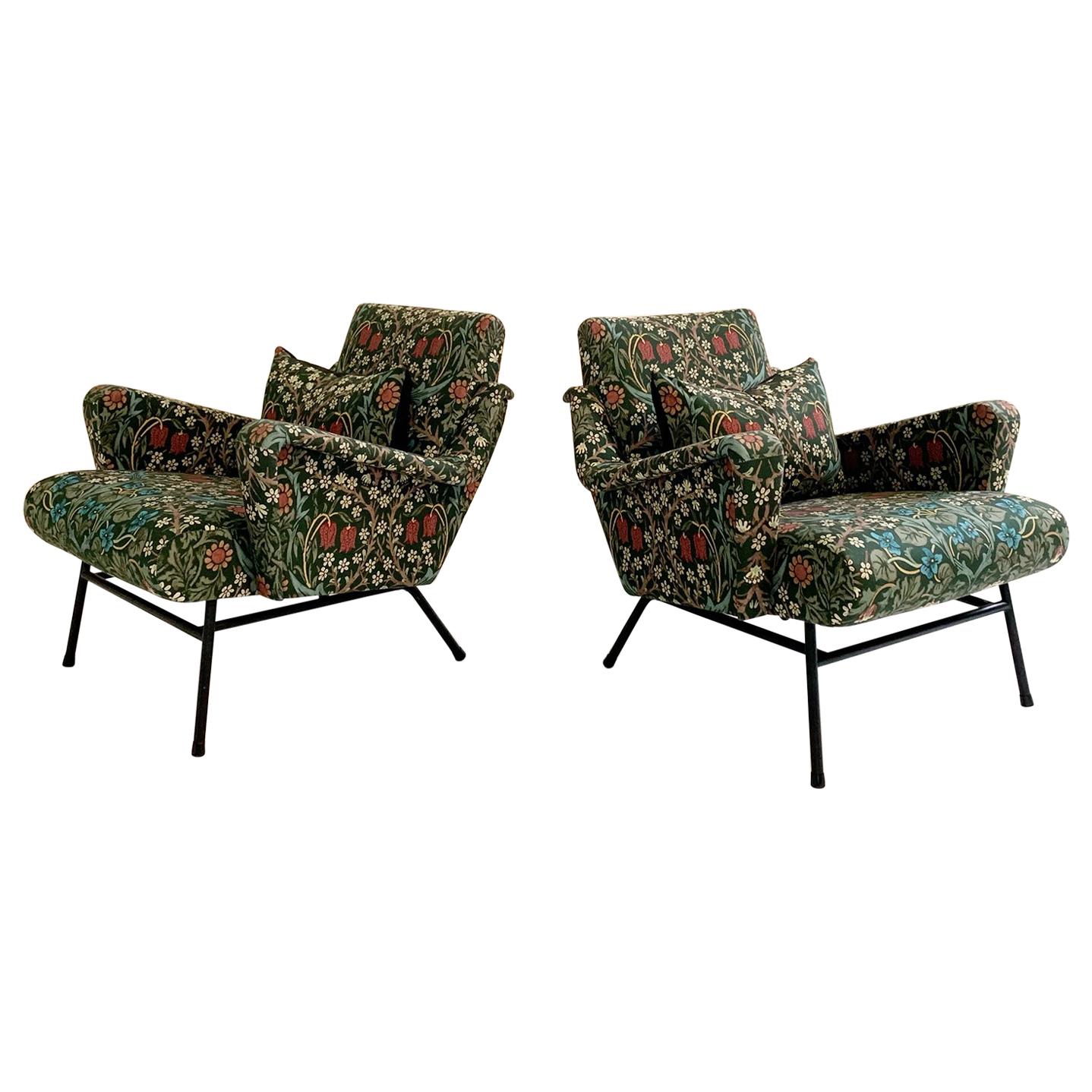 Midcentury French Lounge Chairs in William Morris Blackthorn, Pair