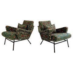 Midcentury French Lounge Chairs in William Morris Blackthorn, Pair