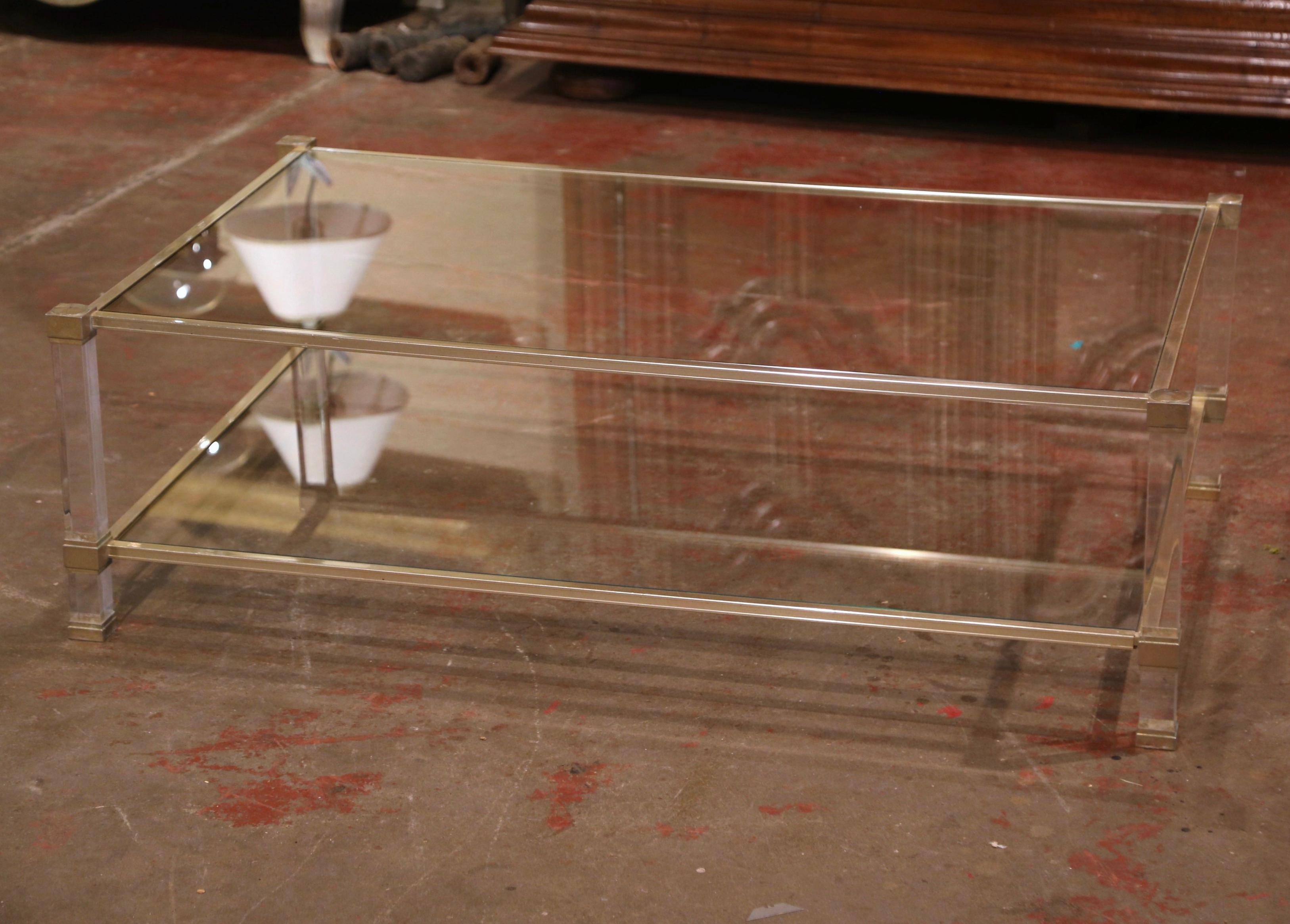 Mid-Century Modern Midcentury French Lucite and Gilt Metal Two-Tier Coffee Table by Pierre Vandel