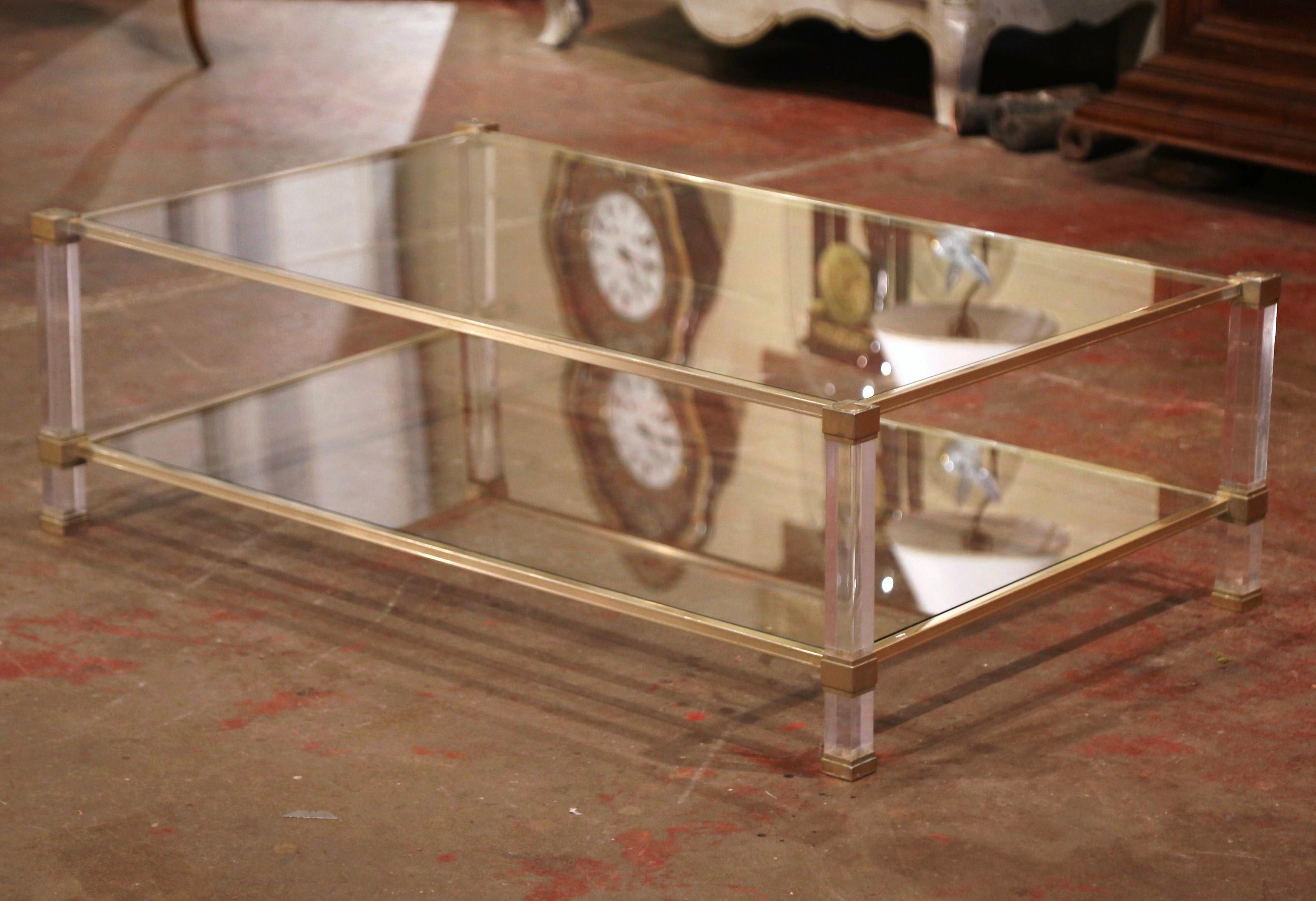 Midcentury French Lucite and Gilt Metal Two-Tier Coffee Table by Pierre Vandel In Good Condition In Dallas, TX