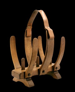 Mid-Century French Magazine Rack by Guillerme et Chambron, Oak & Leather