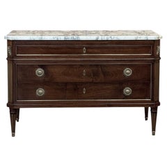 Mid-Century French Mahogany Commode with Carrara Marble Top in Louis XVI Style