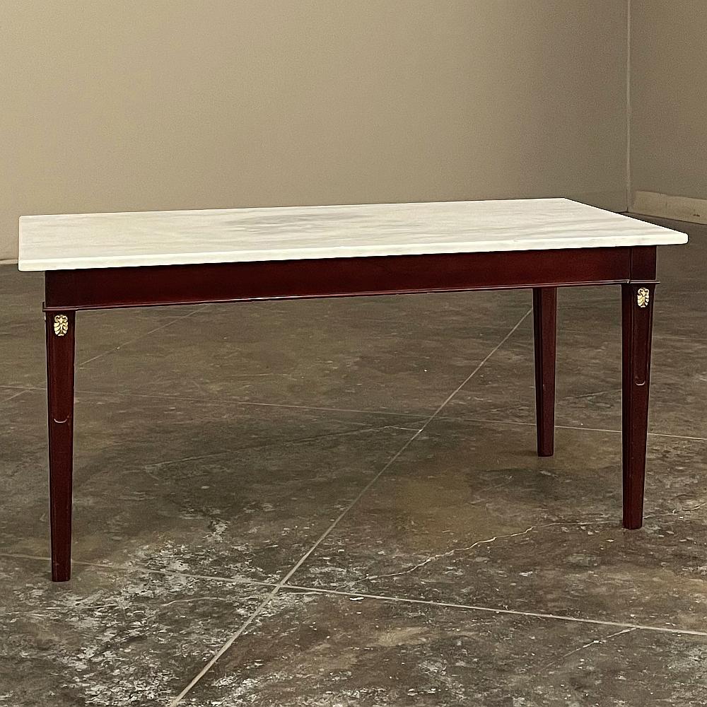 Hand-Crafted Mid-Century French Mahogany Directoire Style Coffee Table with Carrara Marble To For Sale
