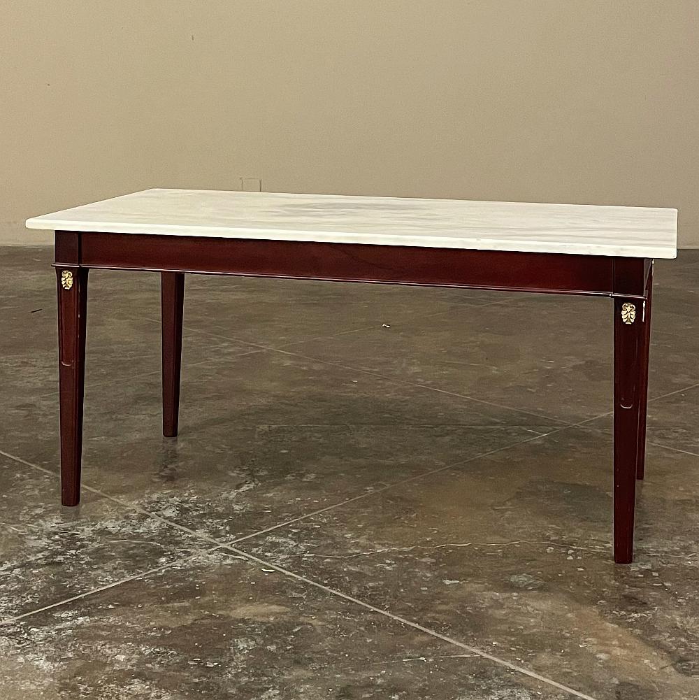 Mid-Century French Mahogany Directoire Style Coffee Table with Carrara Marble To In Good Condition For Sale In Dallas, TX
