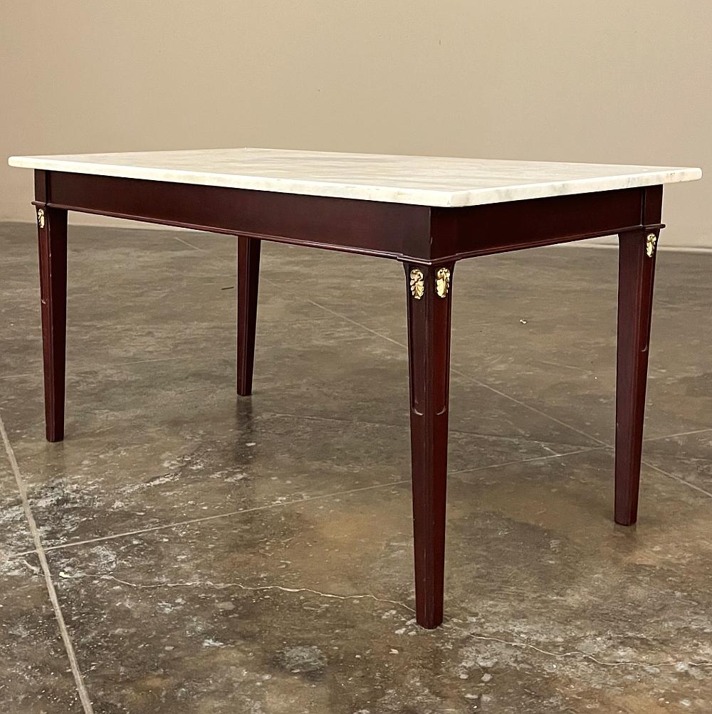 20th Century Mid-Century French Mahogany Directoire Style Coffee Table with Carrara Marble To For Sale