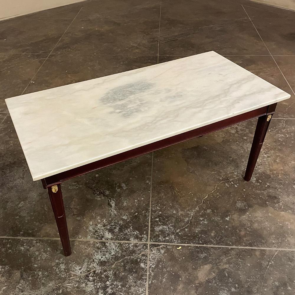Brass Mid-Century French Mahogany Directoire Style Coffee Table with Carrara Marble To For Sale
