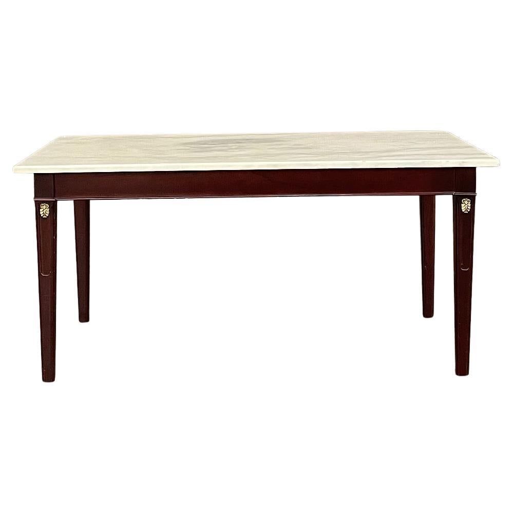 Mid-Century French Mahogany Directoire Style Coffee Table with Carrara Marble To For Sale