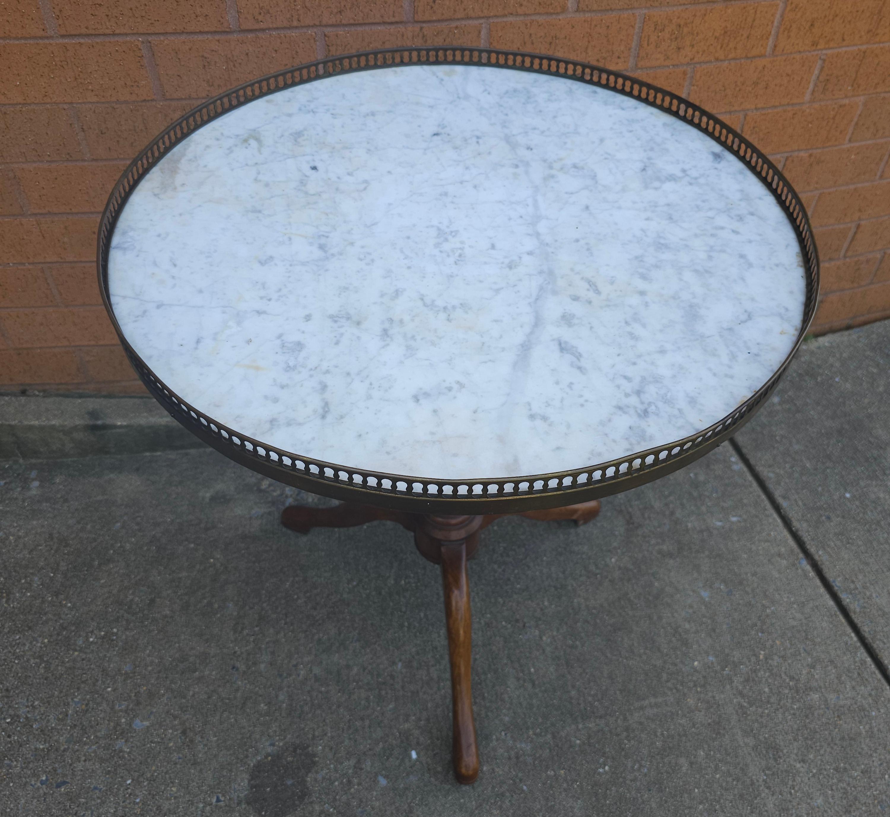 Louis XVI Mid-Century French Mahogany Marble Top Galleried Gueridon Table For Sale