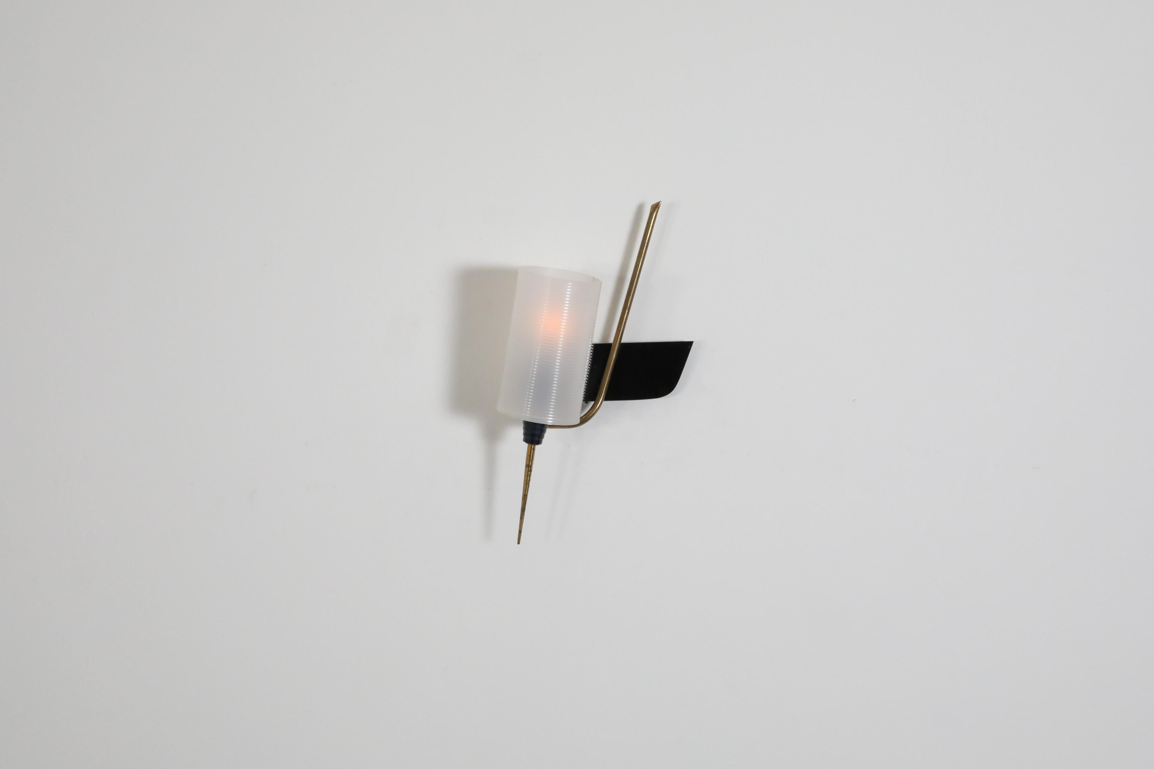 Enameled Mid-Century French Maison Arlus Style Wall Sconce w/ Brass Spike & Plexi Shade For Sale