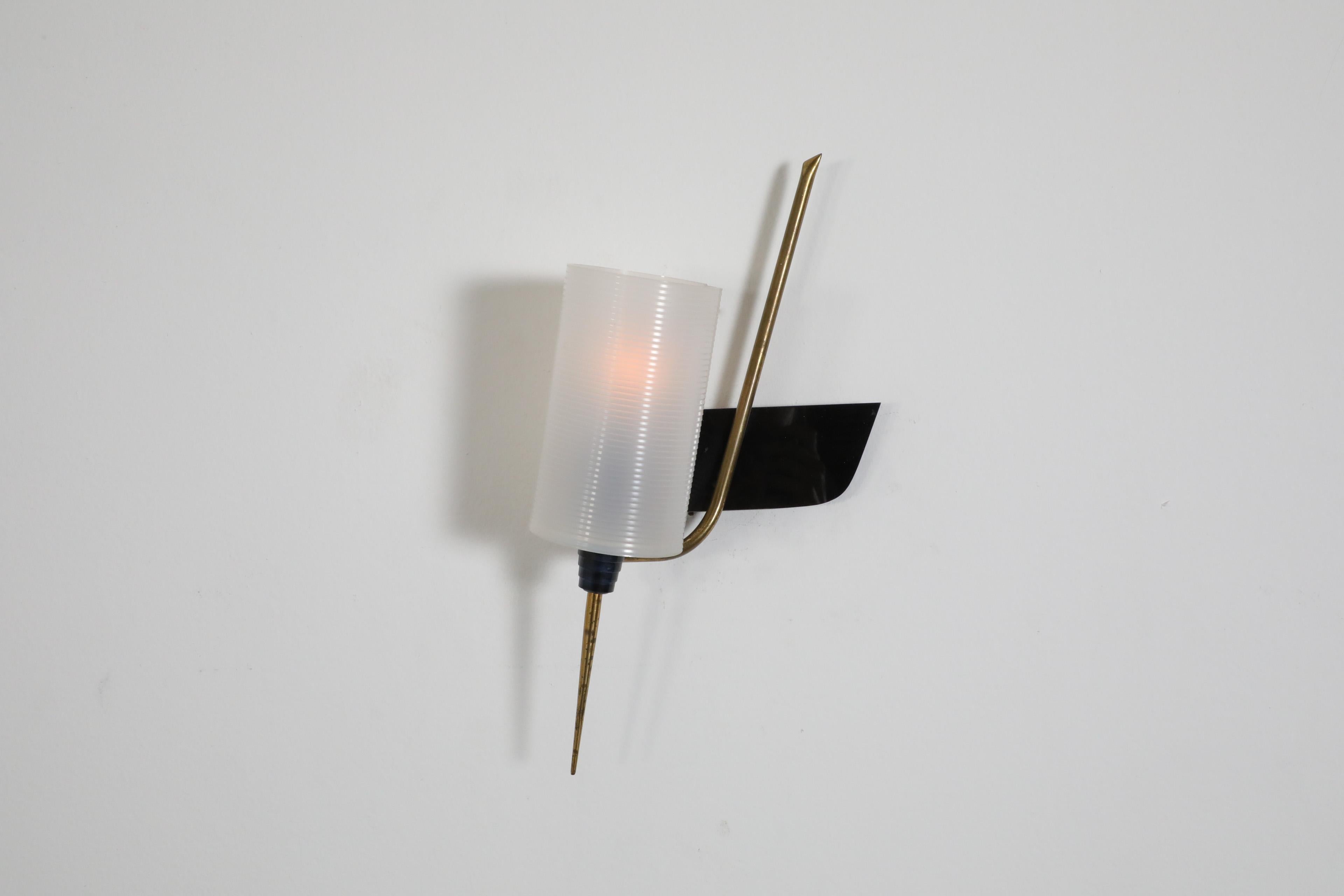 Metal Mid-Century French Maison Arlus Style Wall Sconce w/ Brass Spike & Plexi Shade For Sale