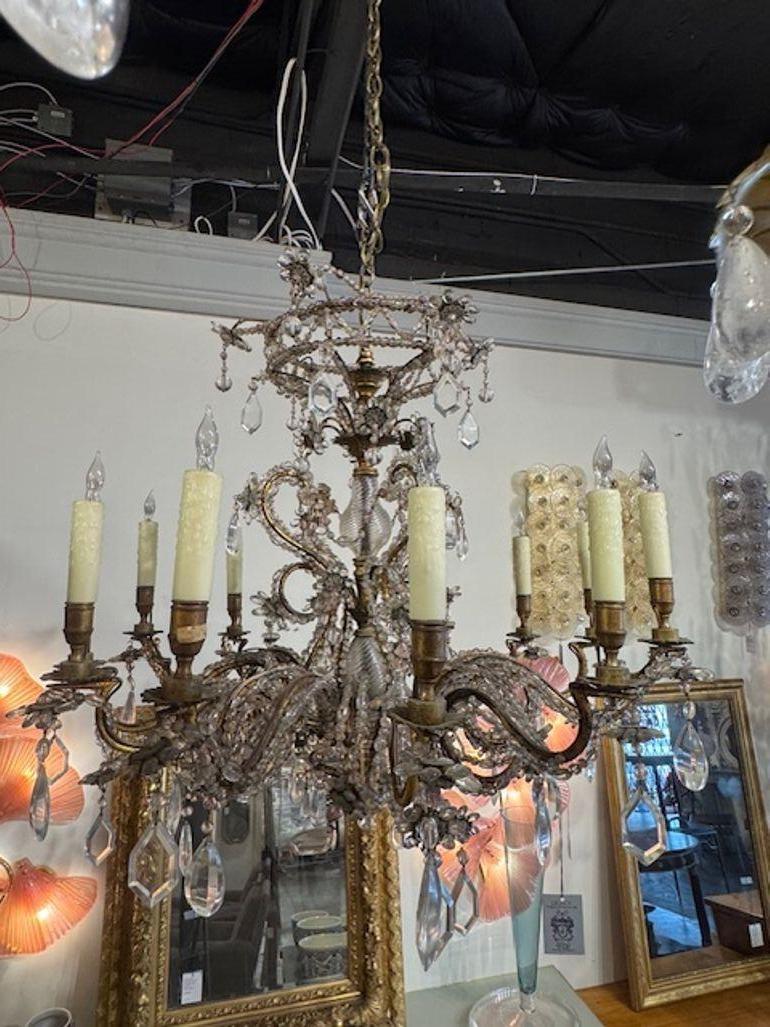 Mid-Century French Maison Bagues Gilt Bronze and Beaded Chandelier In Good Condition For Sale In Dallas, TX