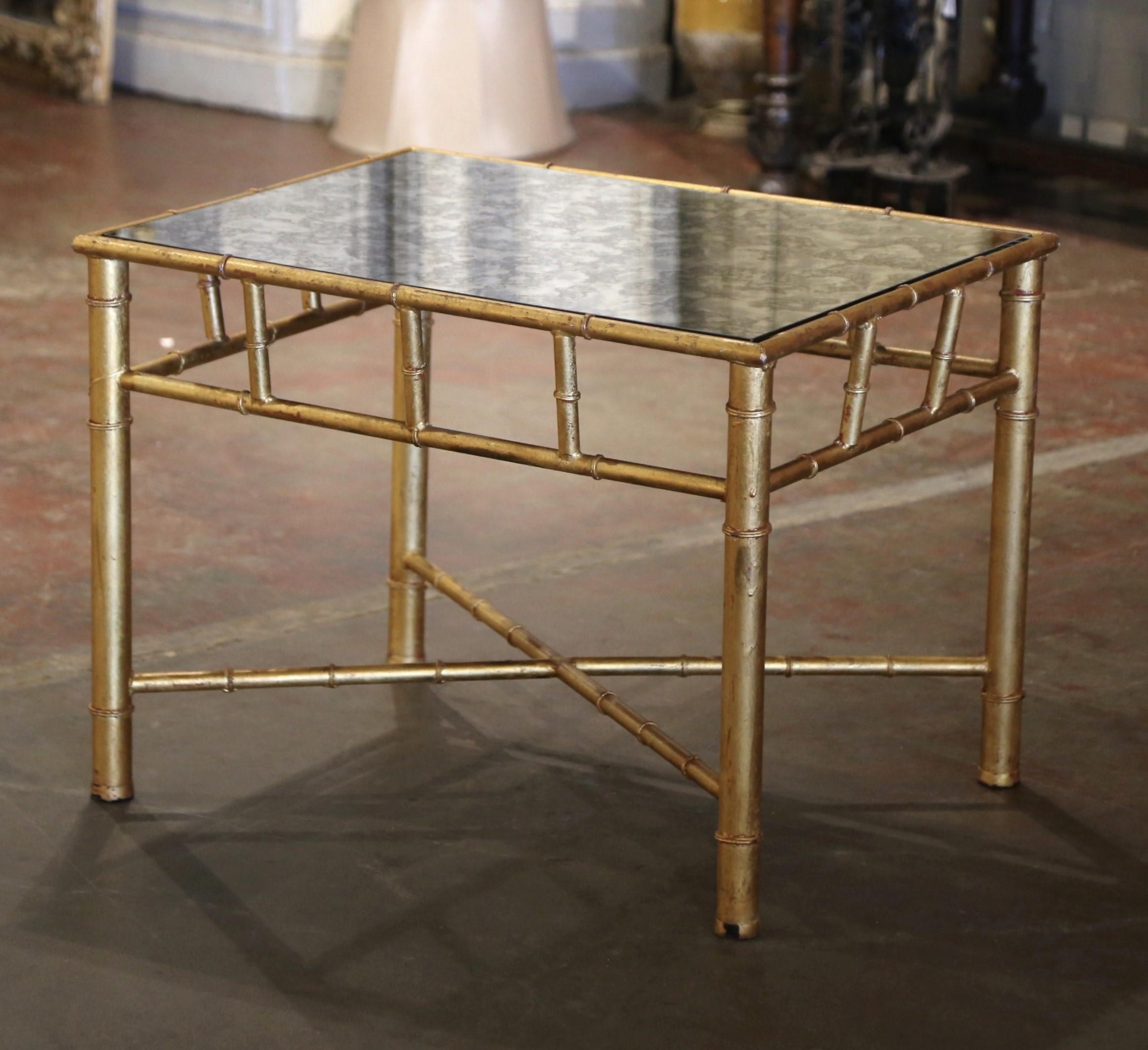 Hand-Crafted Mid-Century French Maison Baguès Glass Top Faux Bamboo Brass Side Table For Sale