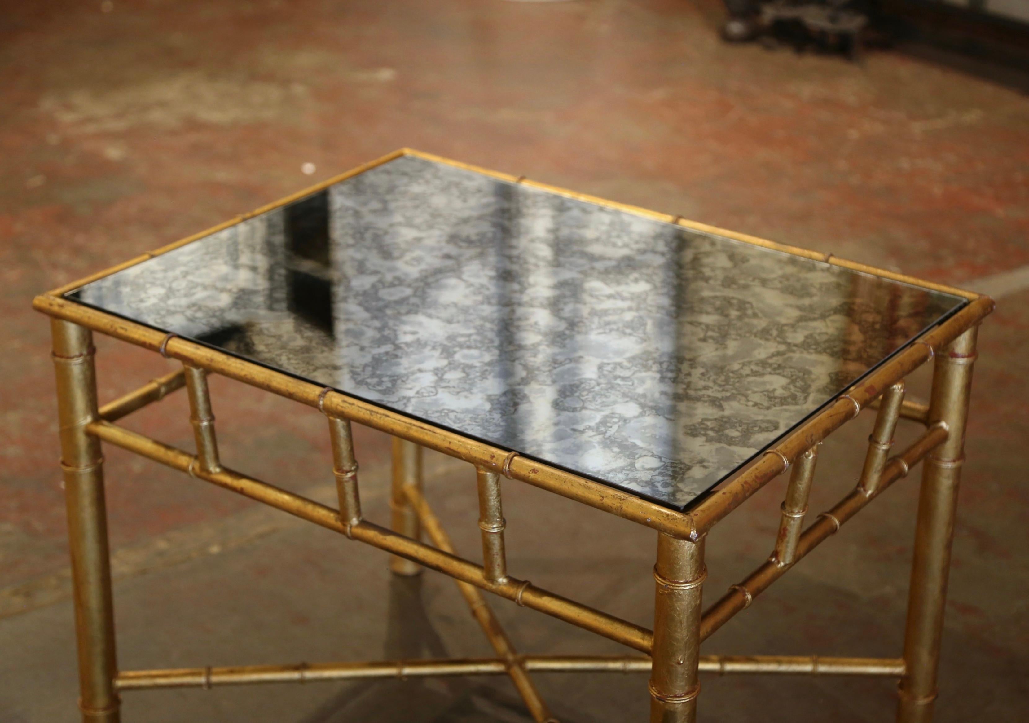 Mid-Century French Maison Baguès Glass Top Faux Bamboo Brass Side Table In Excellent Condition For Sale In Dallas, TX