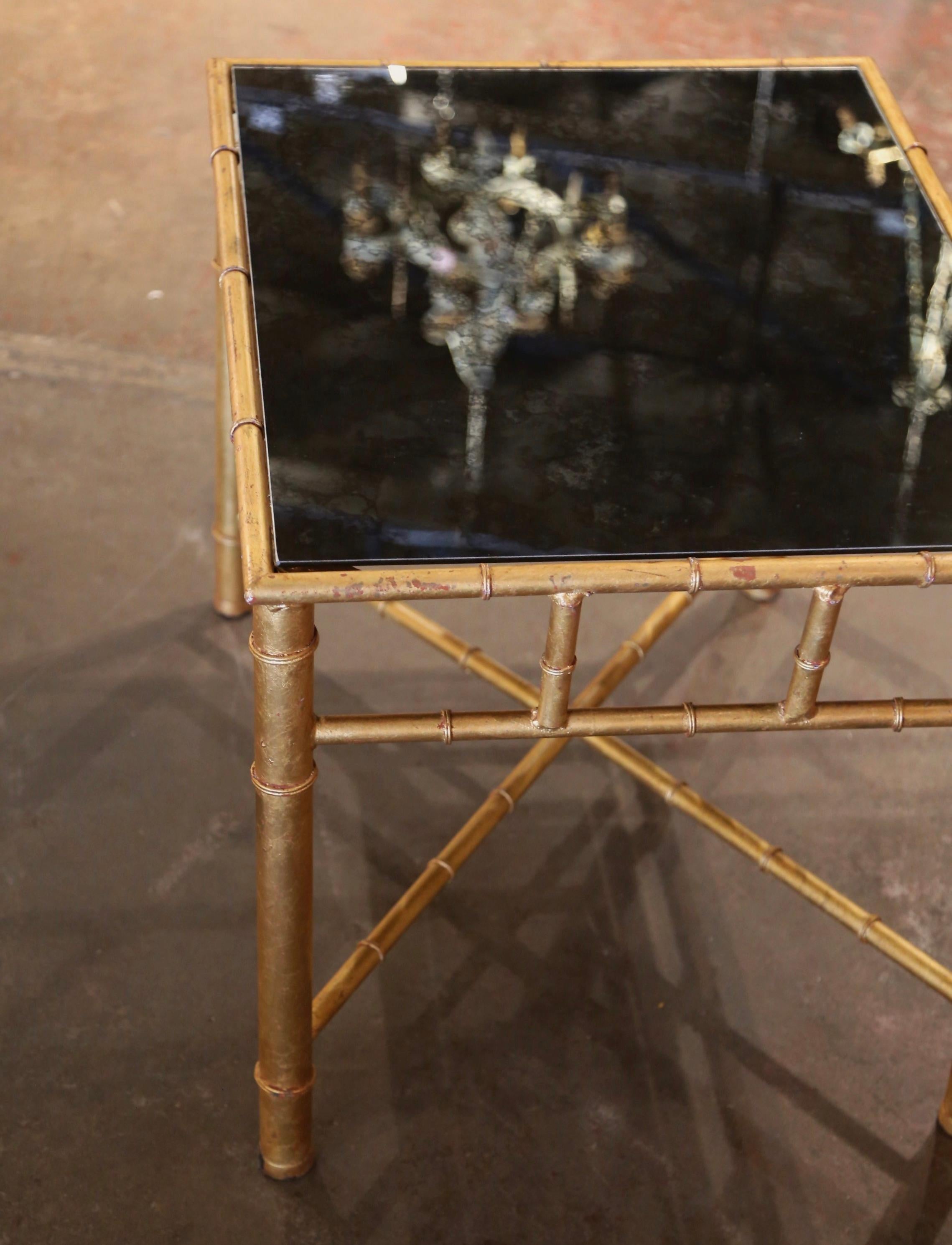 20th Century Mid-Century French Maison Baguès Glass Top Faux Bamboo Brass Side Table For Sale