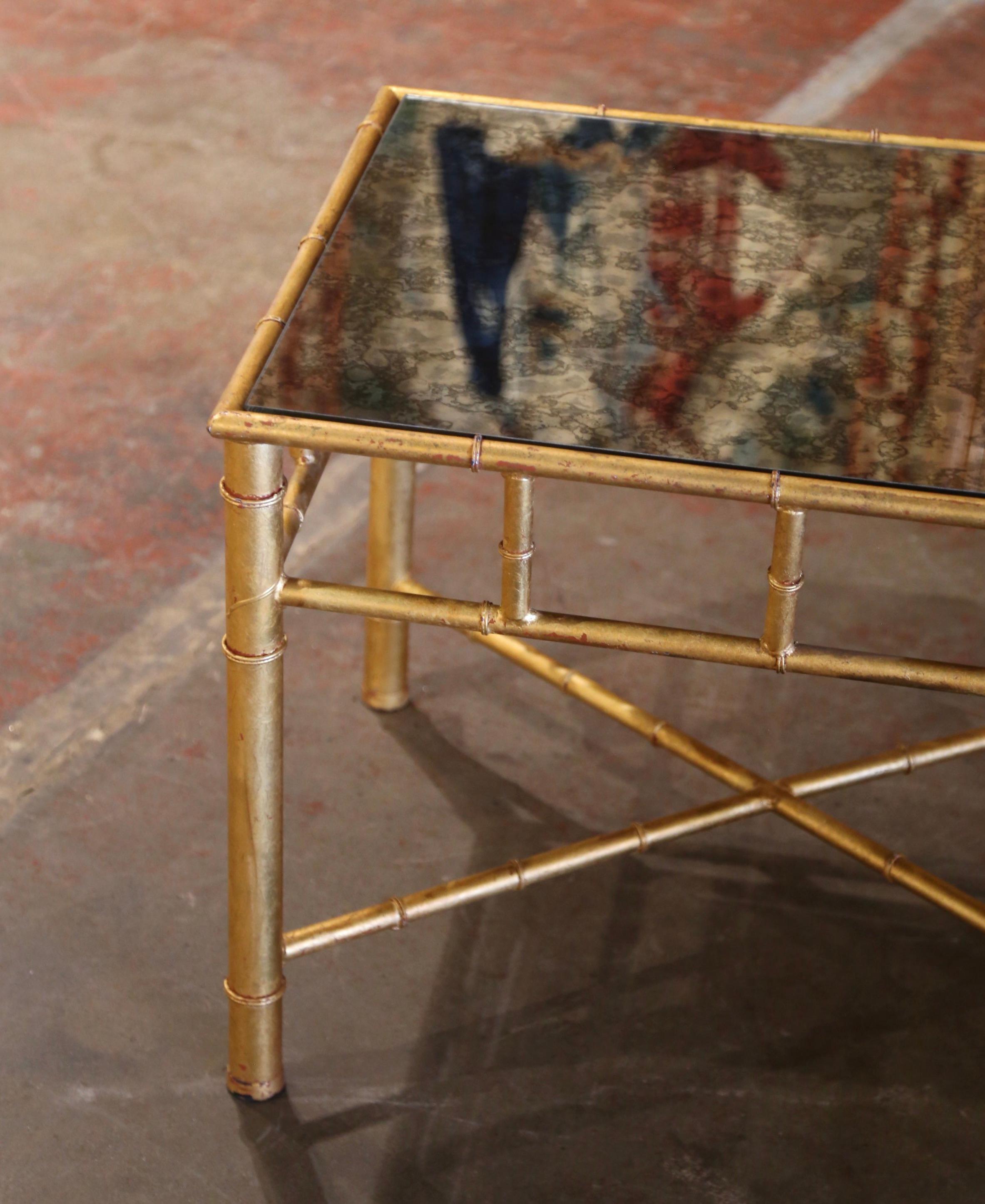 Mid-Century French Maison Baguès Glass Top Faux Bamboo Brass Side Table For Sale 1