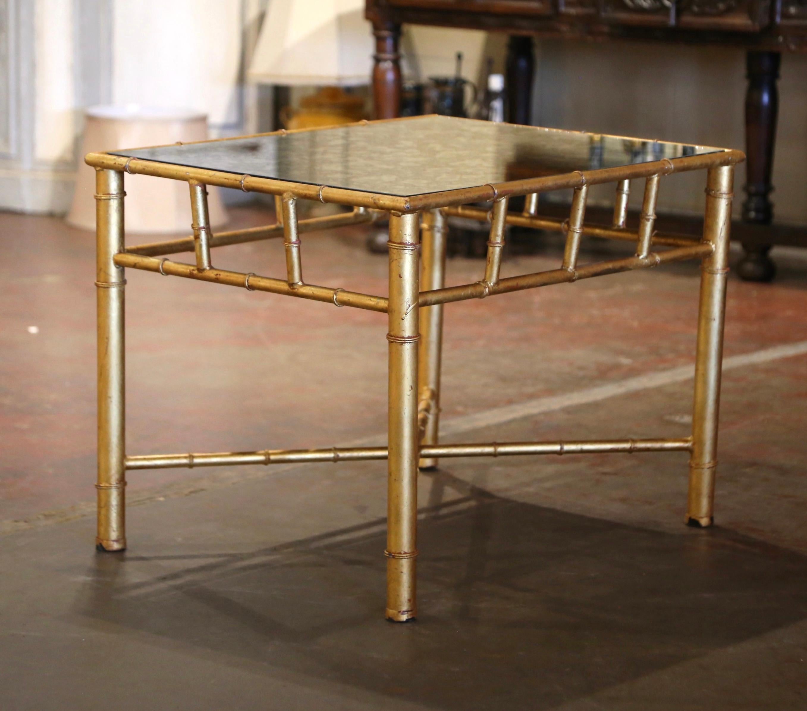 Mid-Century French Maison Baguès Glass Top Faux Bamboo Brass Side Table For Sale 2