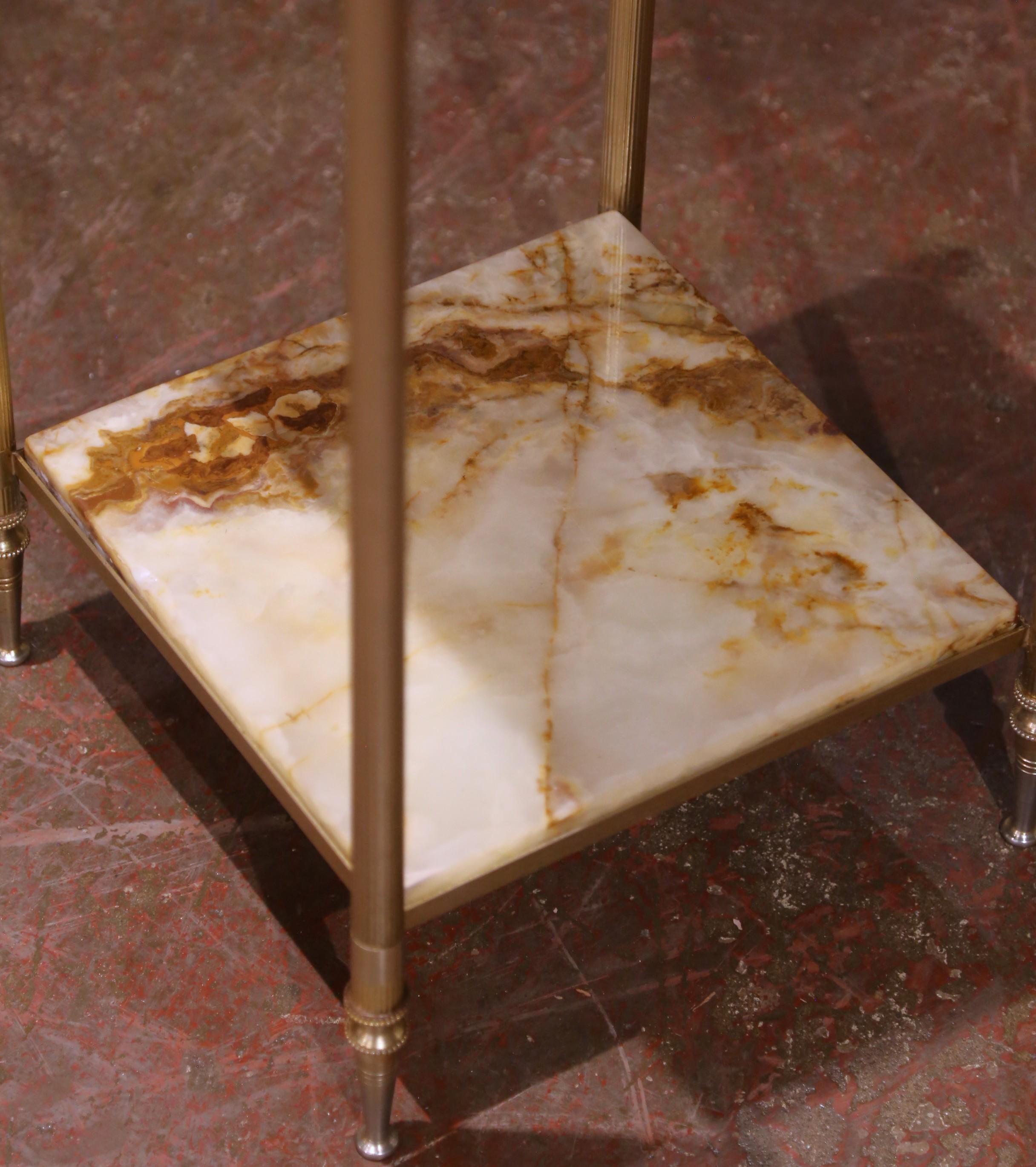 Art Deco Mid-Century French Maison Baguès Square Two-Tier Gilt Brass and Onyx Side Table For Sale