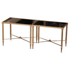 Mid-Century French Maison Baguès Style Black Glass Tops Brass Nesting Tables