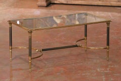 Mid-Century French Maison Jansen Brass and Steel Coffee Table with Glass Top