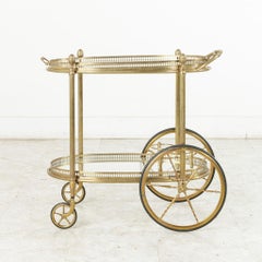 Midcentury French Maison Jansen Brass Bar Cart Glass Shelves and Removable Tray