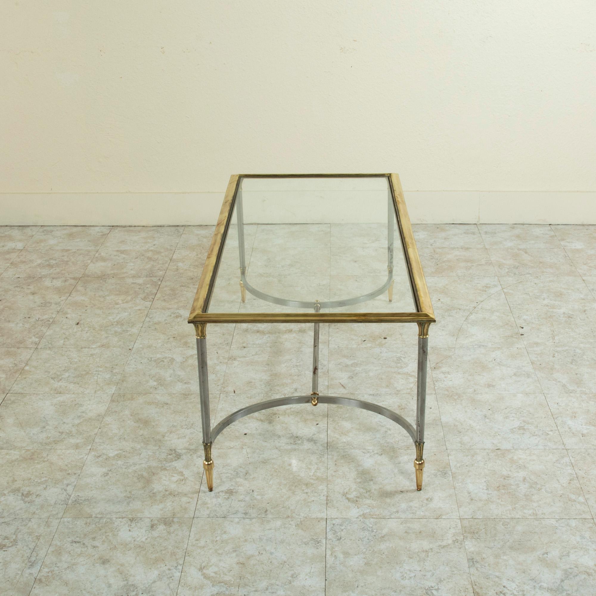 Mid-Century Modern Mid-Century French Maison Jansen Steel and Brass Coffee Table with Glass Top