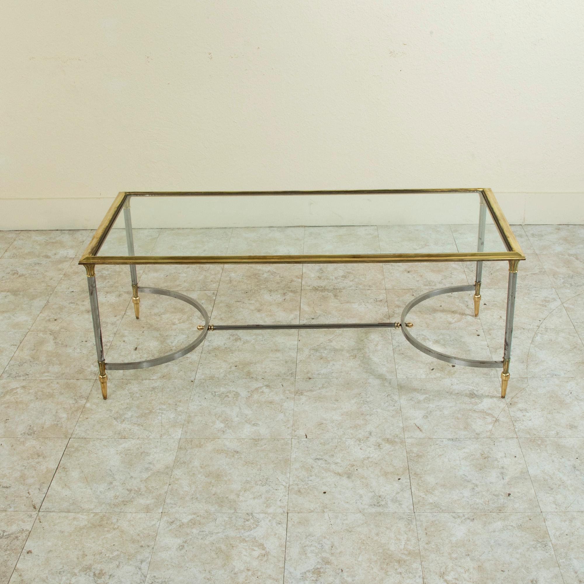 Mid-Century French Maison Jansen Steel and Brass Coffee Table with Glass Top In Good Condition In Fayetteville, AR