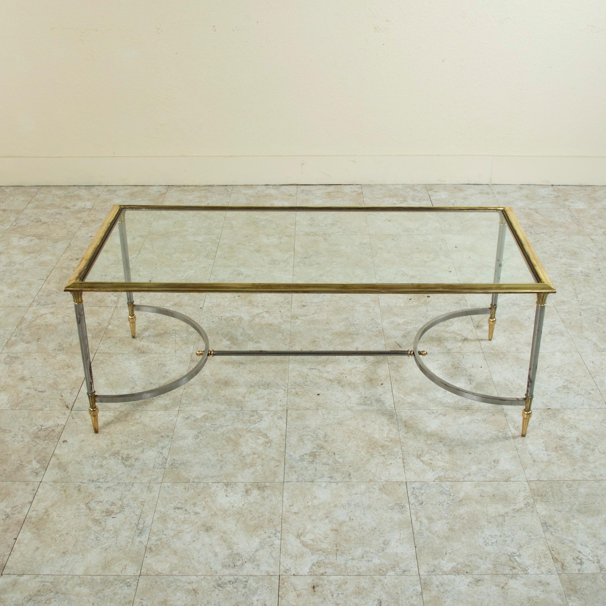 20th Century Mid-Century French Maison Jansen Steel and Brass Coffee Table with Glass Top