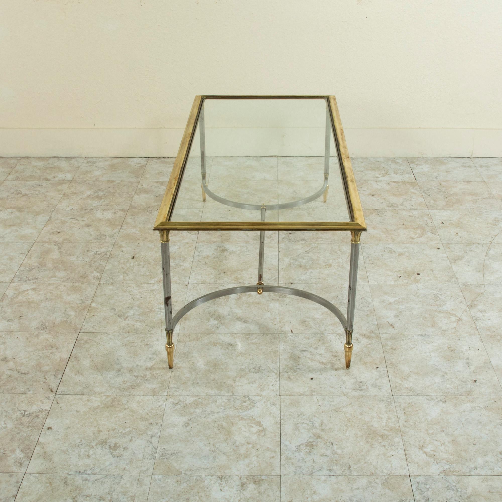 Mid-Century French Maison Jansen Steel and Brass Coffee Table with Glass Top 1