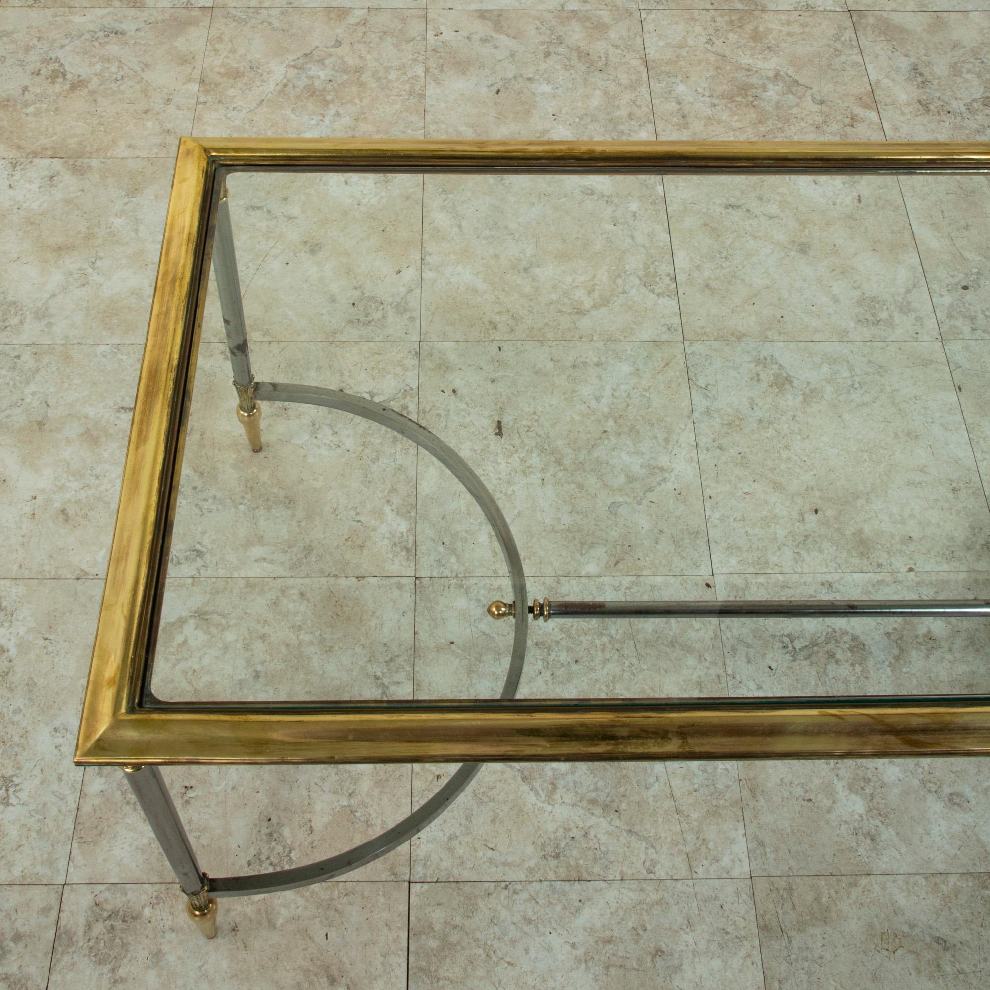 Mid-Century French Maison Jansen Steel and Brass Coffee Table with Glass Top 2