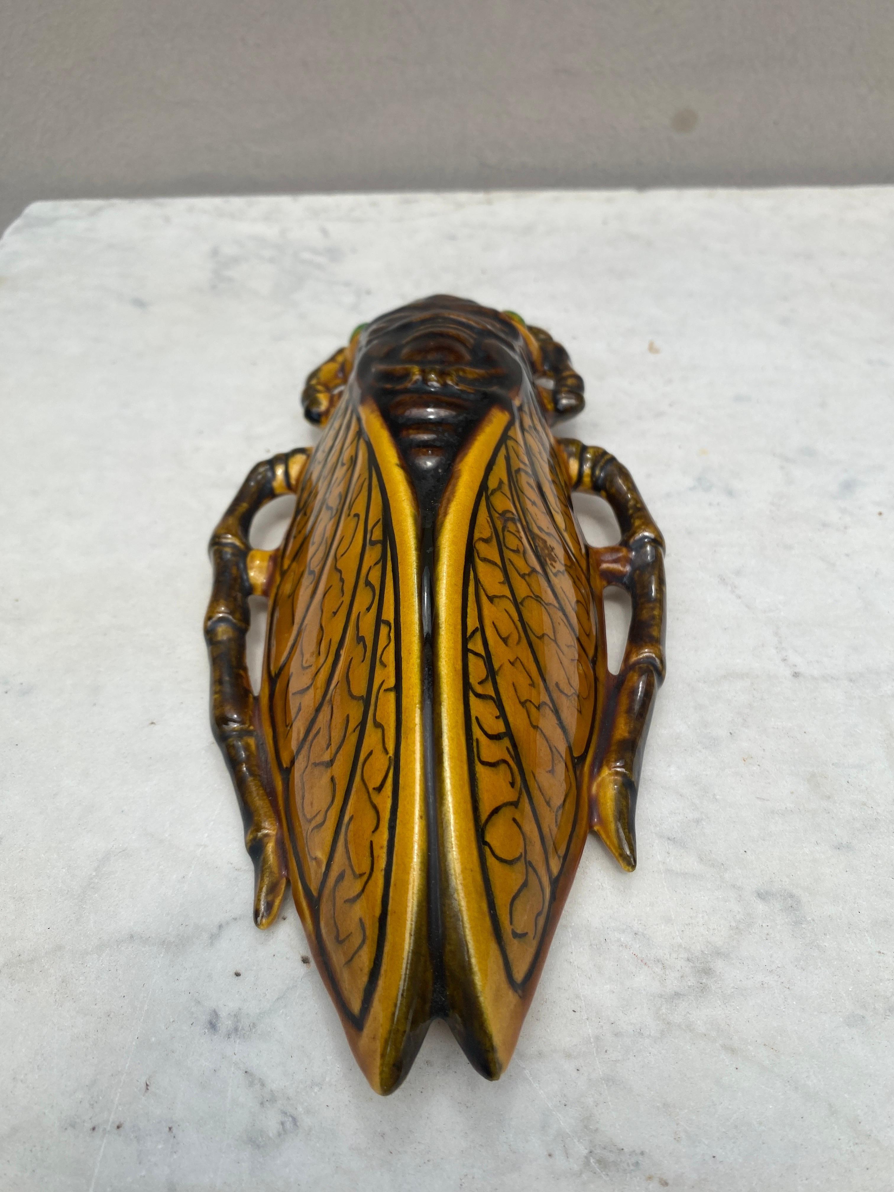 Französische Majolika Cicada-Applikation aus der Jahrhundertmitte.