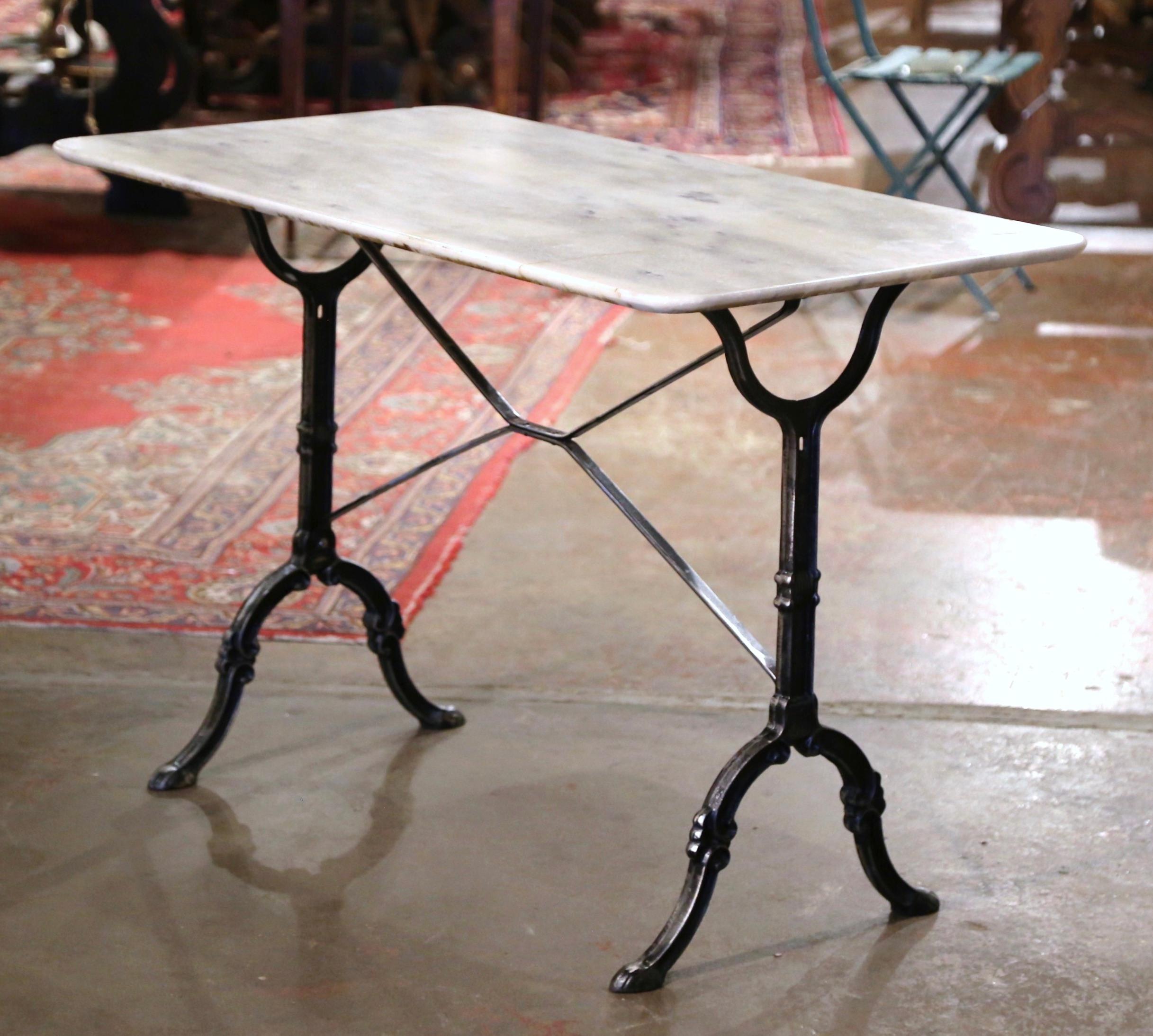 Hand-Crafted Midcentury French Marble Top Polished Cast Iron Bistrot Trestle Table