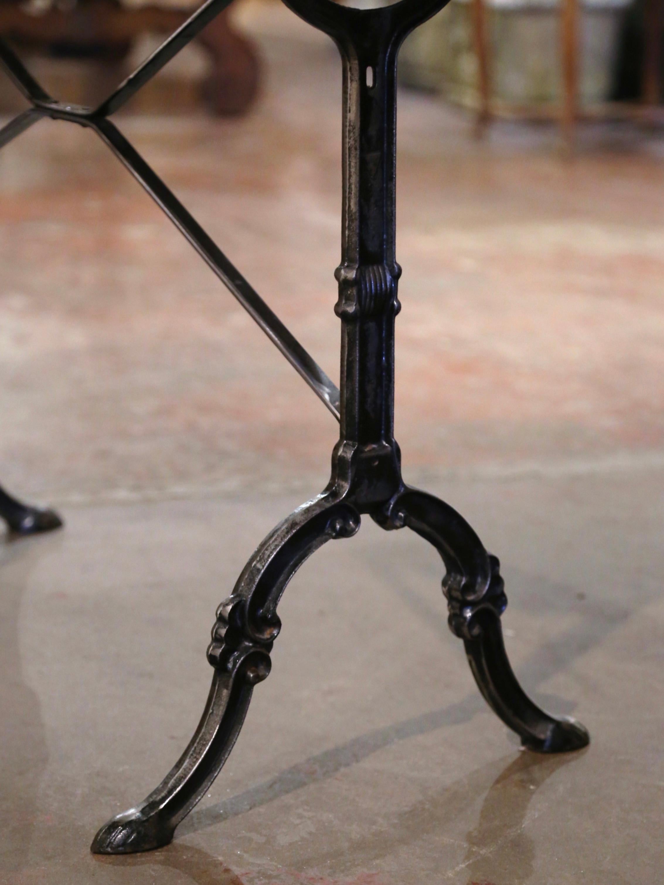 Midcentury French Marble Top Polished Cast Iron Bistrot Trestle Table In Excellent Condition In Dallas, TX