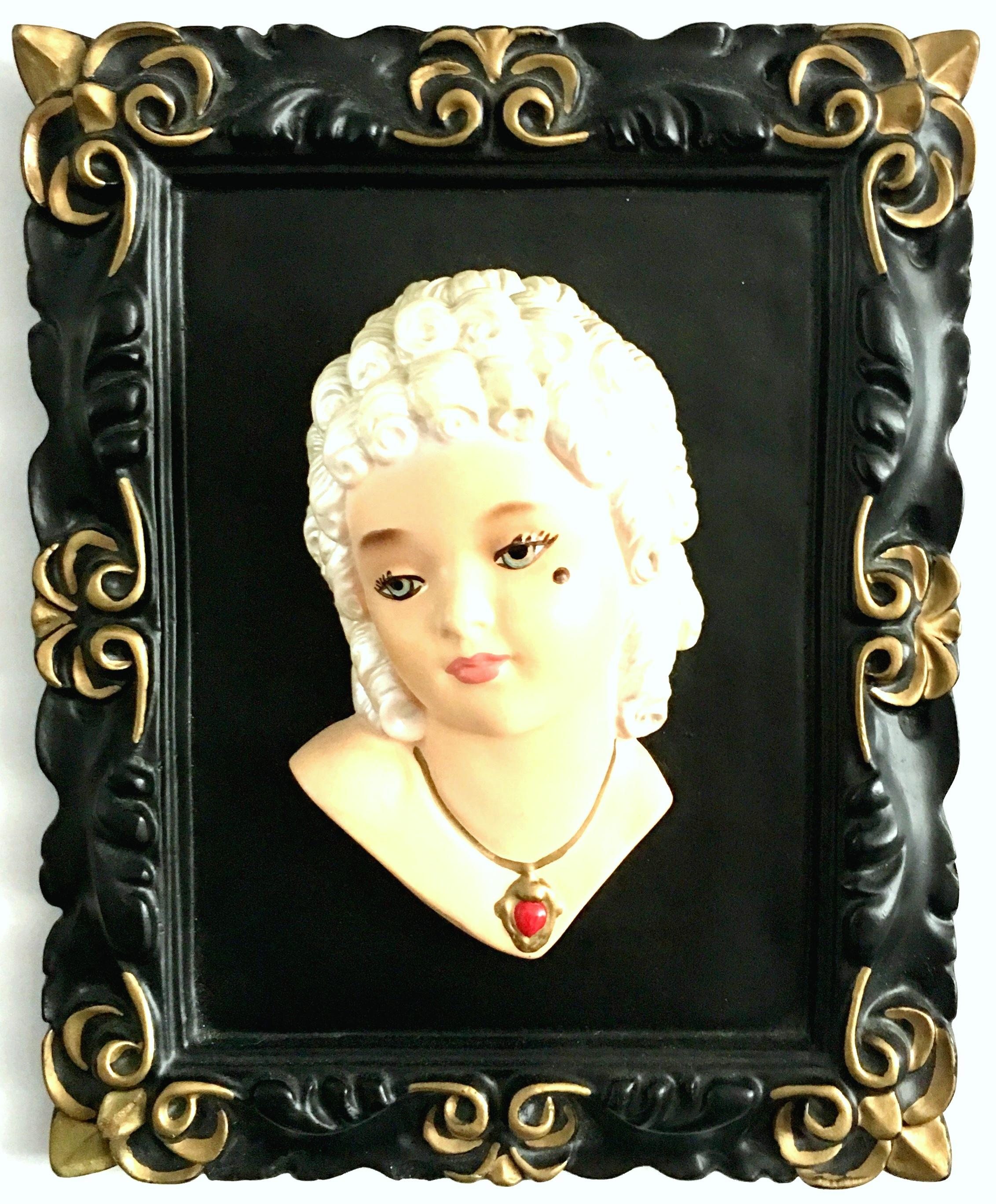 Hand-Painted Mid-Century French Marie Antoinette & King Louis 3D Hand Painted Framed Plaques For Sale