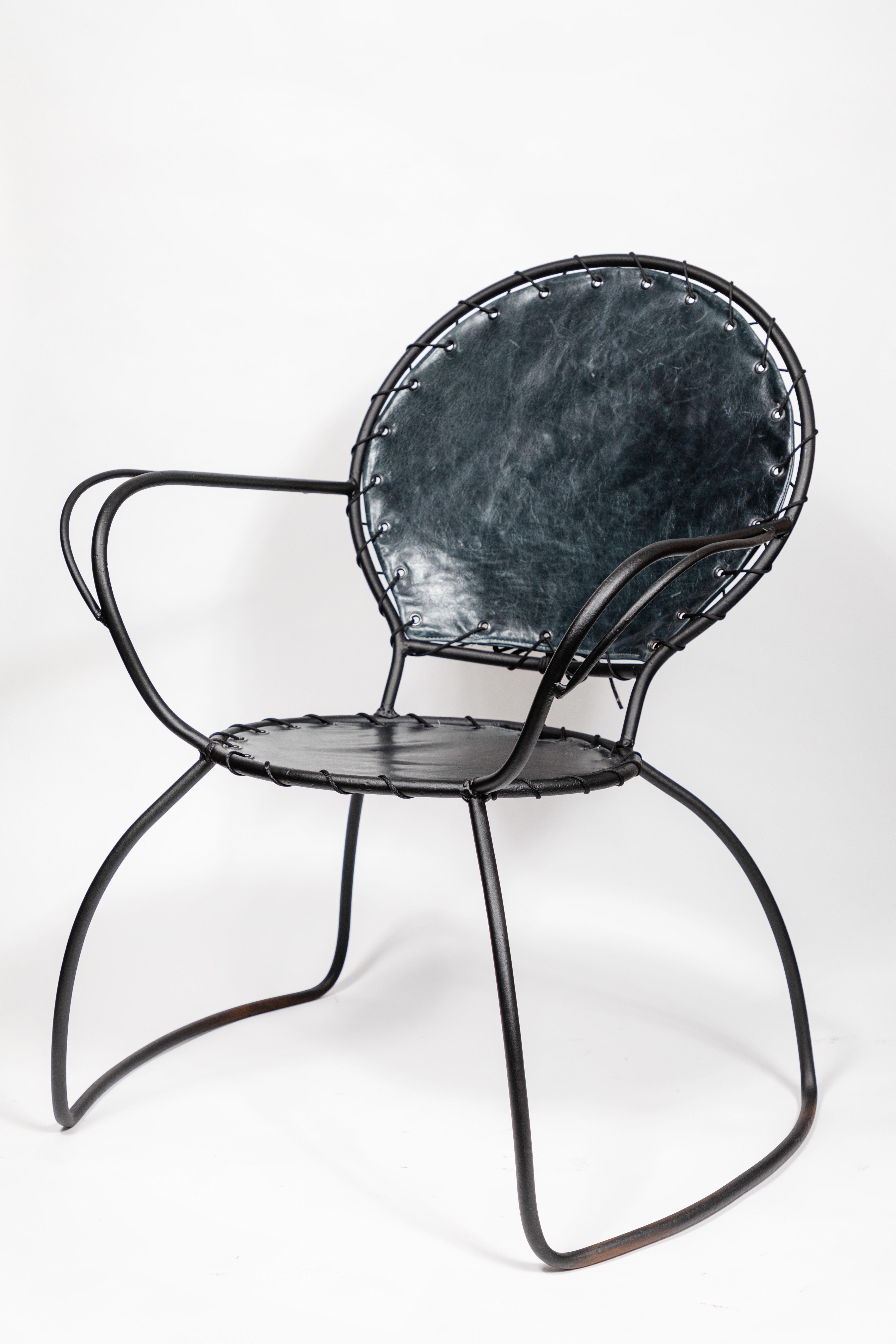 Midcentury French Metal and Leather Settee and Chairs In Good Condition In Pasadena, CA