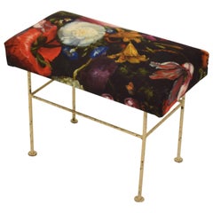 Midcentury French Metal Stool with a Flower Fabric Upholstered Seat, circa 1960